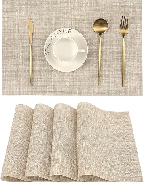 Leetaltree Beige Placemats Set of 4 - Heat Resistant Non-Slip Place mats for Dining Table, Washable Durable PVC Vinyl Woven Table Mats(Beige, 4)
