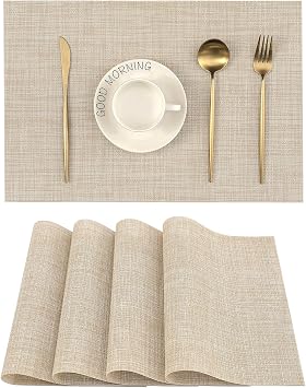 Leetaltree Beige Placemats Set of 4 - Heat-Resistant, Non-Slip Table Mats, Washable Woven Vinyl for Indoor & Outdoor Dining