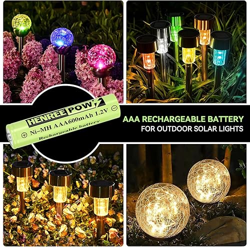 Miniatura 3 de Henreepow Batería recargable AAA, baterías solares Ni-MH de 1.2 V, autodescarga baja, batería triple A precargada para luces solares de camino,
