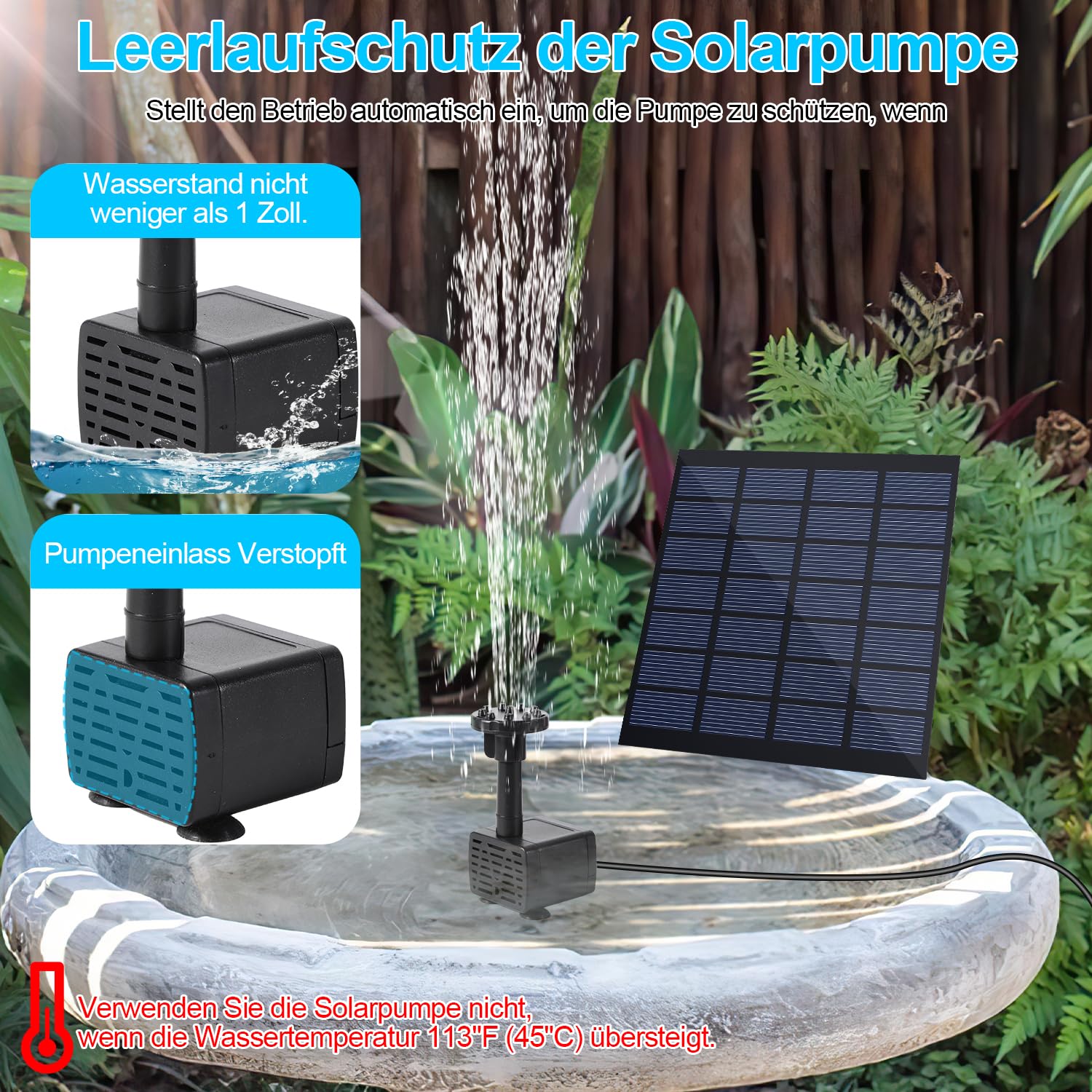Sonnewelt Solarna fontanna, bezszczotkowa pompa do stawu 7 V, 1,5 W, solarna pompa wodna z 10 stylami fontanny, do zabaw wodnych, stawów, łaźni ptaków, ogrodu