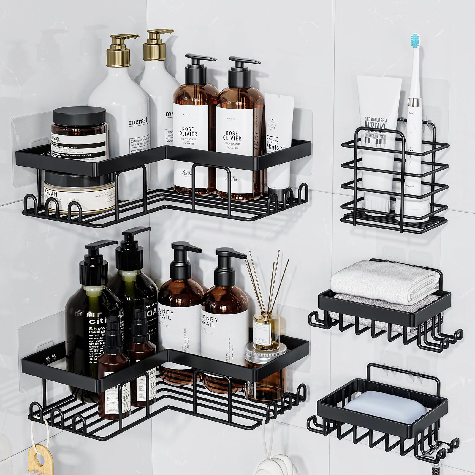 FORWOS Corner Shower Caddy 5 Pack, Rustproof Stainless Steel Bathroom Organizer and Storage, No Drilling, Adhesive Shower Shelf for Home, Bathroom, Kitchen (Black)