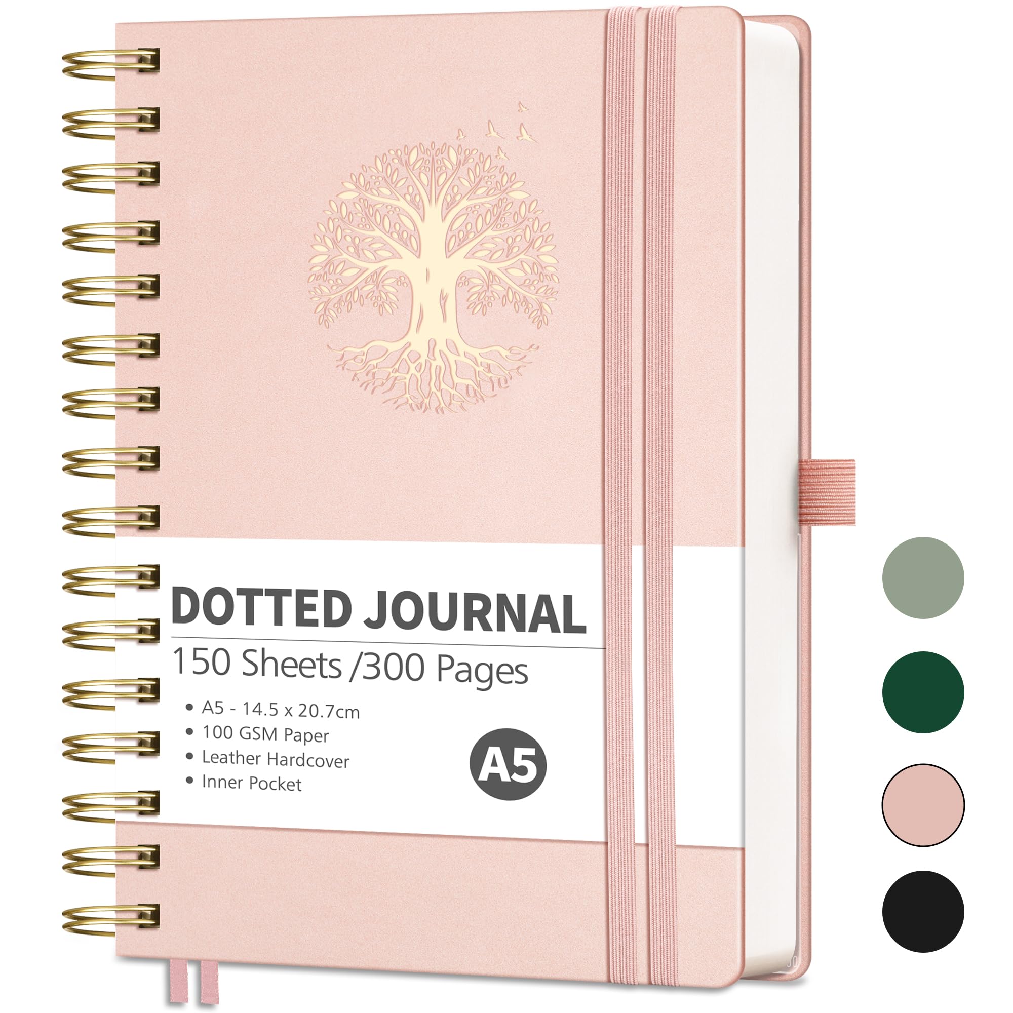 RETTACY Notebook A5 Bullet Dot Journals-Hardback Leather Grid Dotted Journal,Spiral Sketchbook 300 Pages Notepad for Work School,100gsm Thick Paper,Bookmark, Stencils, Inner Pocket - Rosegold