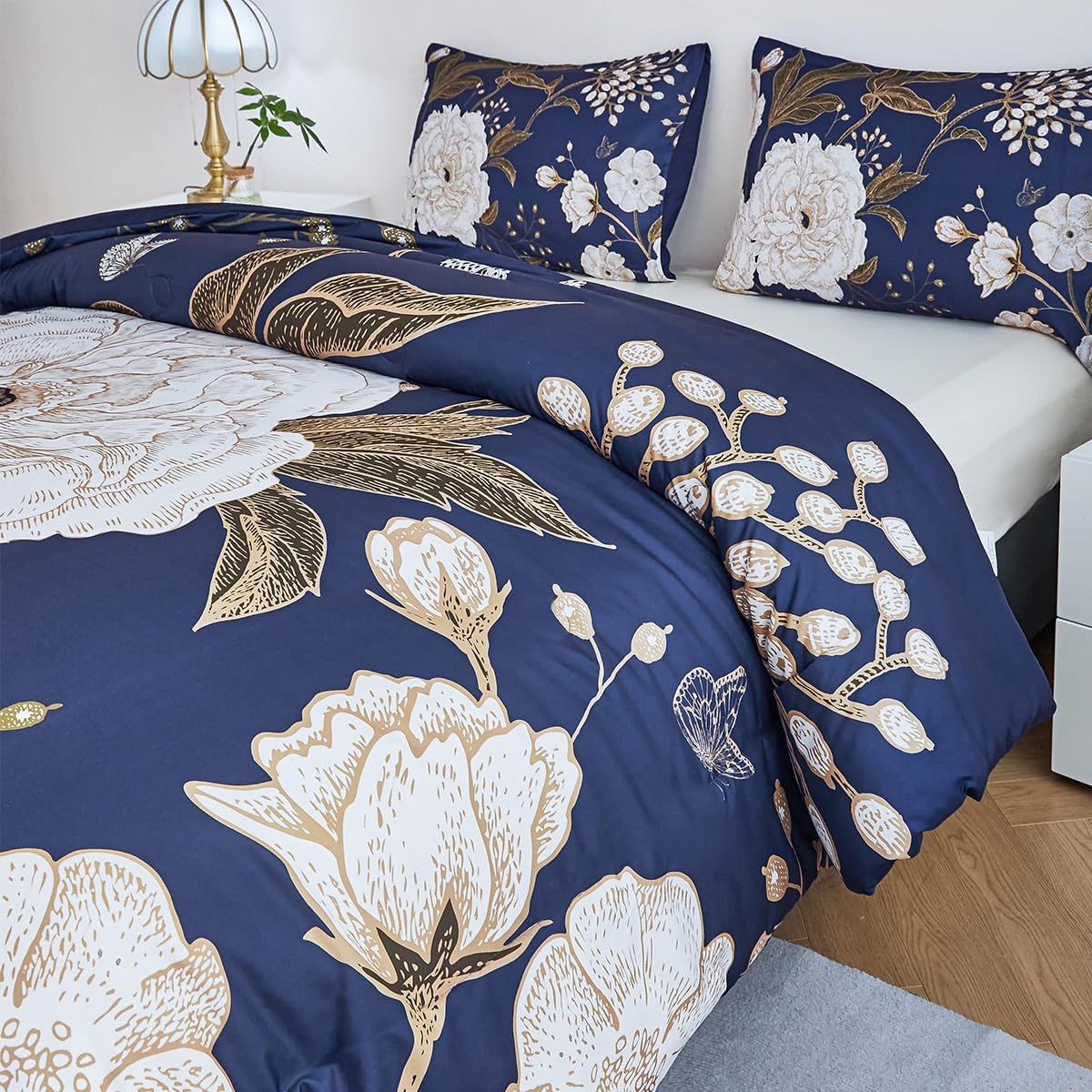 STYHO Blue Duvet Cover Sets Floral King 3Pcs Large White Flower Bedding Set Soft Reversible Botanical Butterfly Printed Duvet Covers for All Seasons(Blue - Image 3