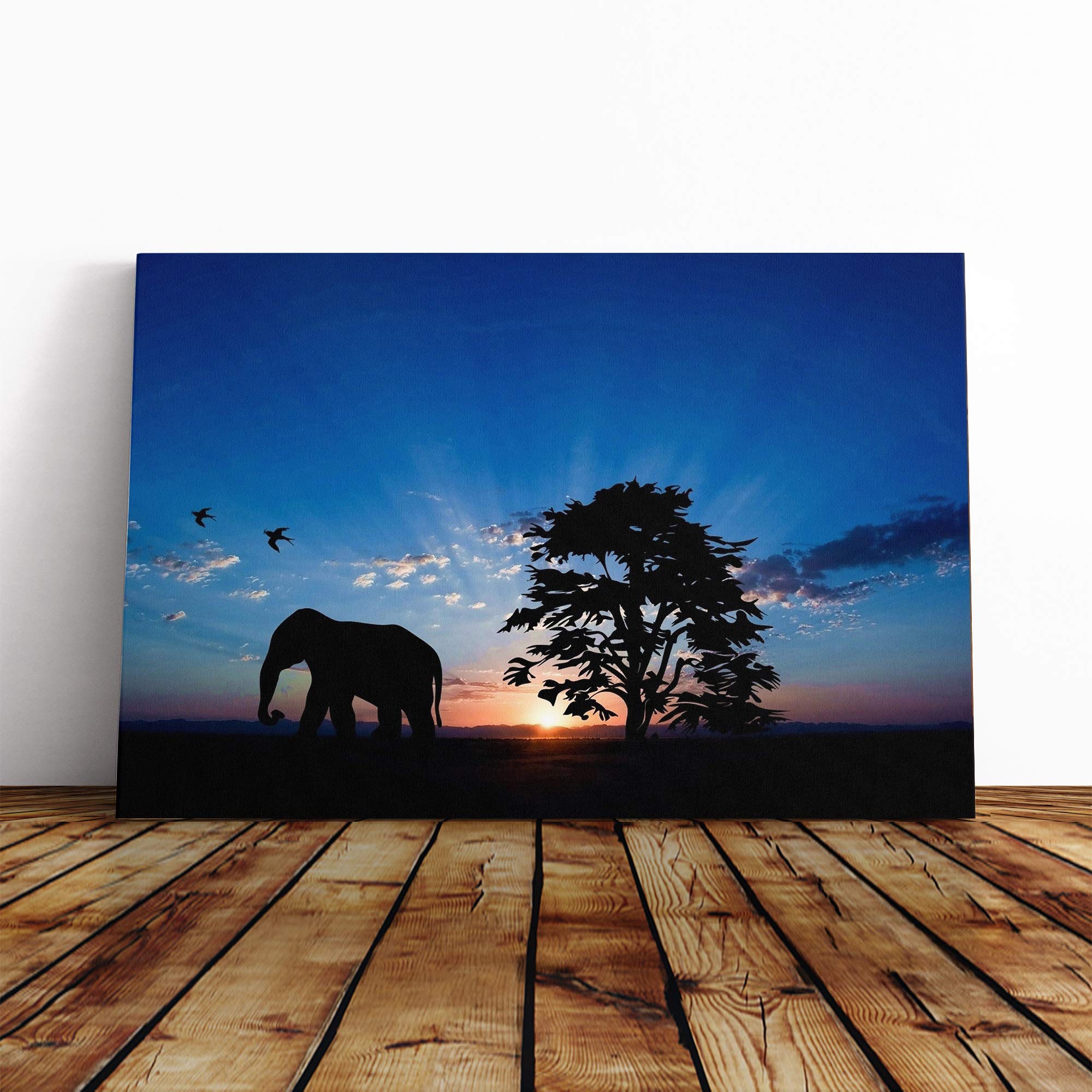 Elephant and Birds Evening Sunset Canvas Print | Gallery Wrapped 30mm Frame Wall Art | 30x20 inches | Ready to Hang | Contemporary Animals Picture | Living Room Bedroom Lounge Office
