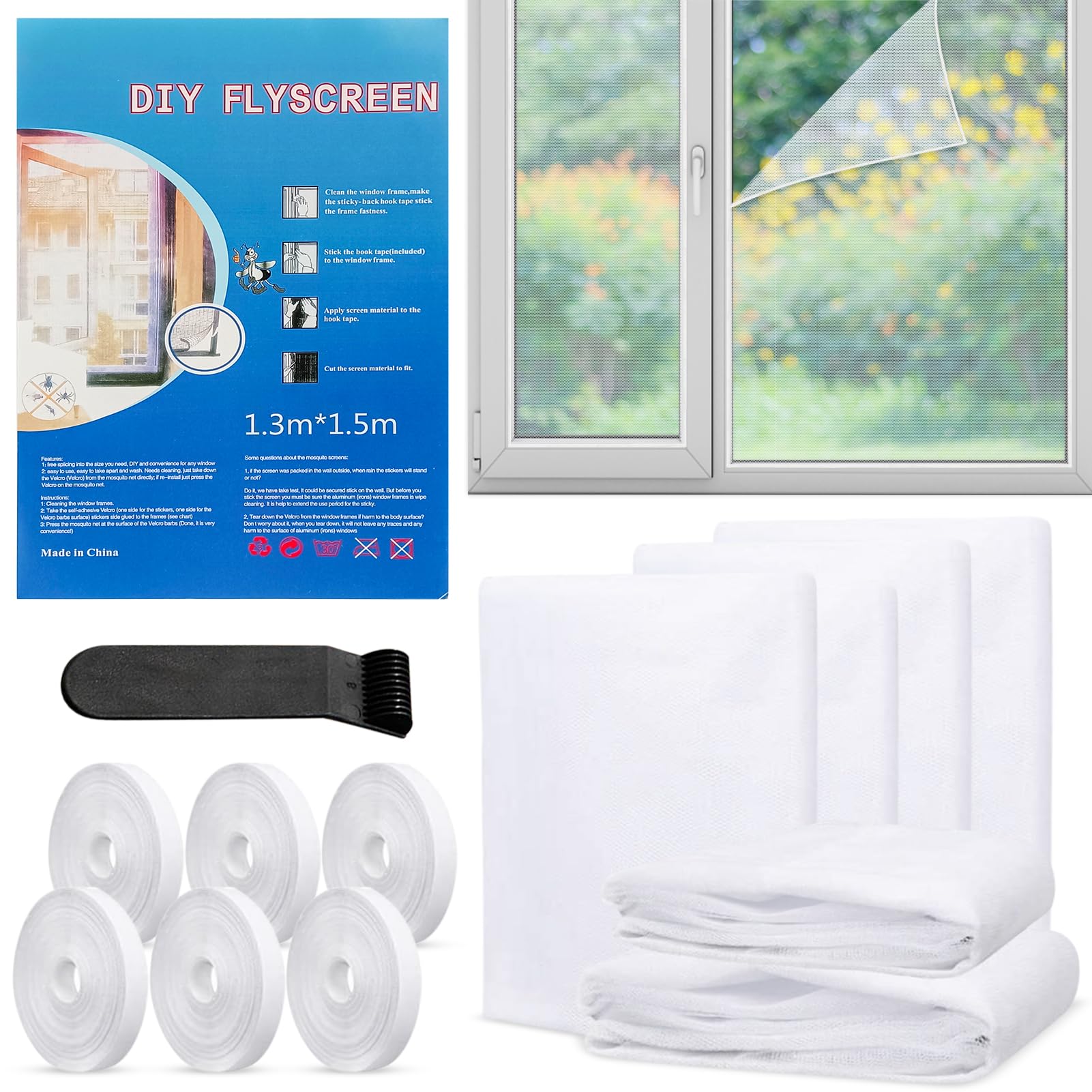 6 Pcs Fly Screens for Window, Window Netting for Insects 130x150cm, Window Net, with 6 Rolls Self-Adhesive with Velcro and Other Accessories, Protect Your Family from Insects (White)