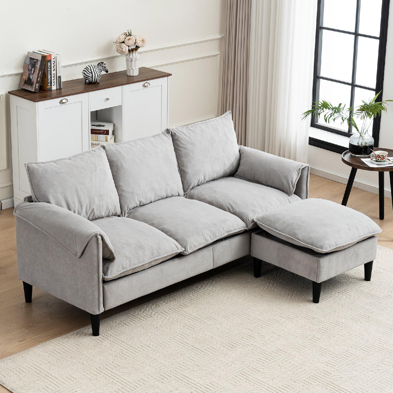 Convertible Combination L-Shaped Sofa with Footstools with Storage Beige Sofa for Living Room Living Room Bedroom Office Small