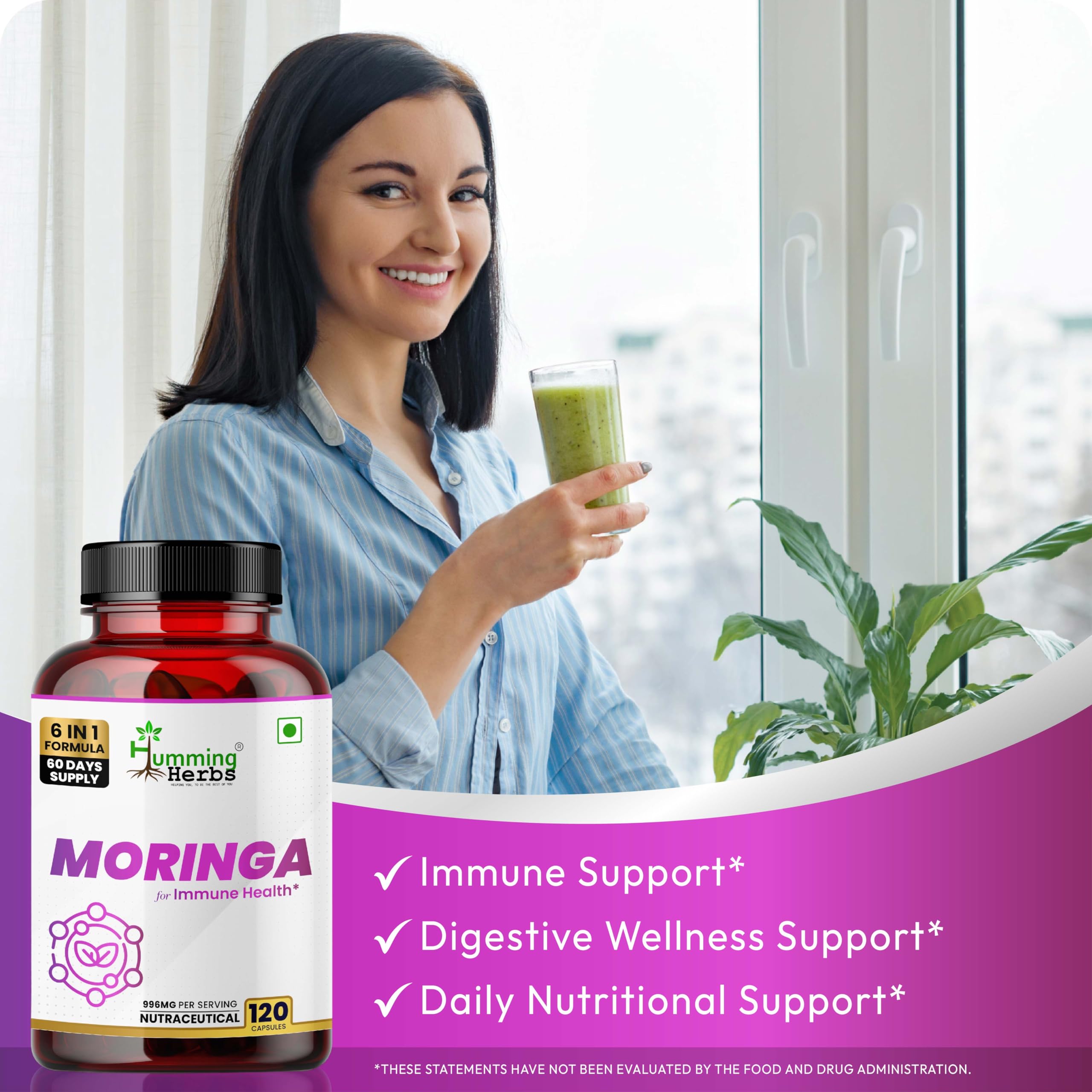 Humming Herbs Moringa with Resveratrol, Astaxanthin, Glutathione, Vitamin C & Folic Acid | 996mg 6-in-1 Immune & Antioxidant Support | 120 Capsules | 60 Days Supply | Herbal Supplement — Amazon image 5