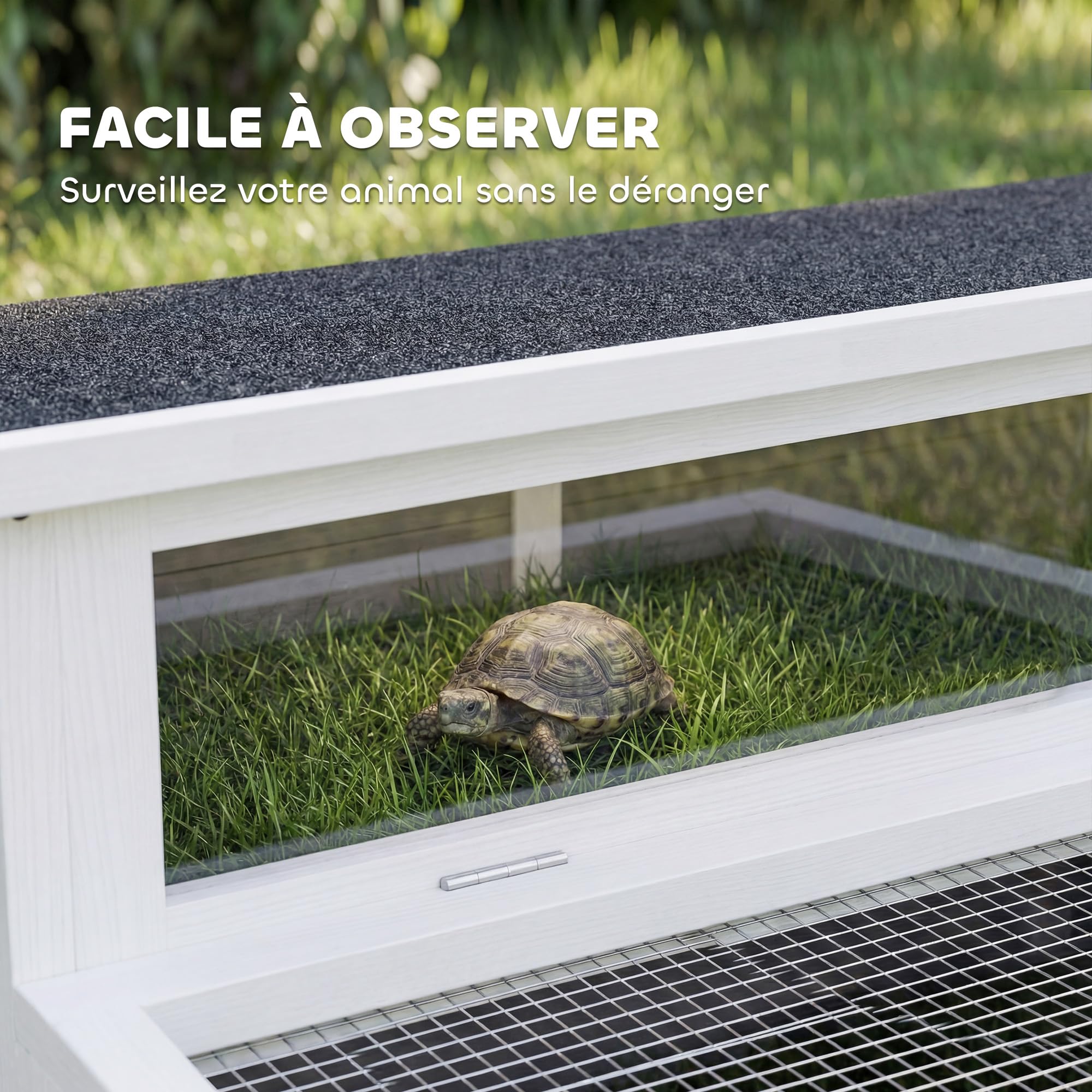 PawHut Maison Tortue Terrestre en Bois XXL 113x106,5x44,5cm - Habitat 2 Zones avec Double Toit Ouvrant Bitumé et Grillagé, Fenêtre - Enclos Tortue Hermann et Parc Lapin, Gris Foncé