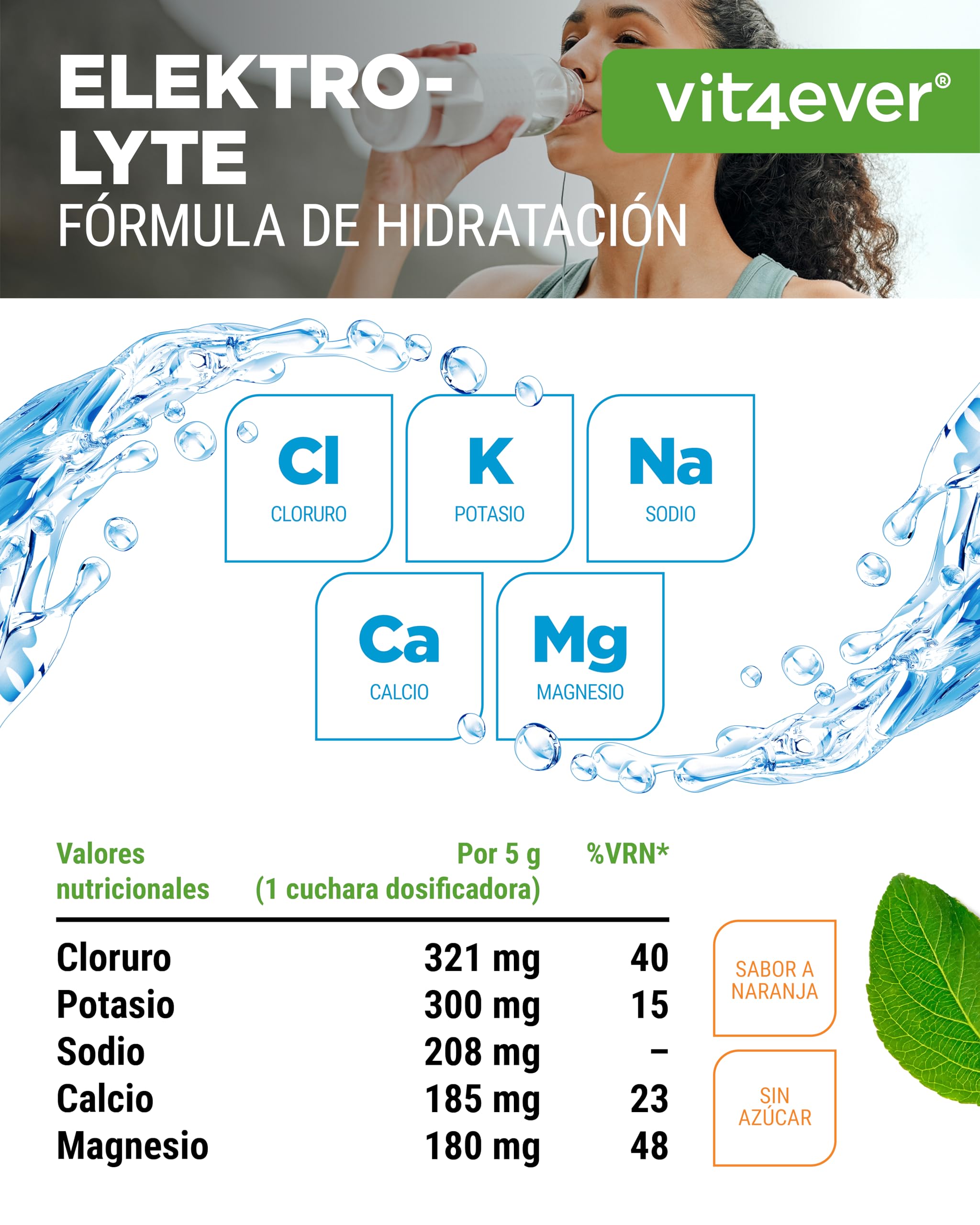vit4ever Electrolitos - 400 g (80 Porciones) - Fórmula de Hidratación con Cloruro, Potasio, Sodio, Calcio, Magnesio - Sin Azúcar - Vegano - Sabor Naranja