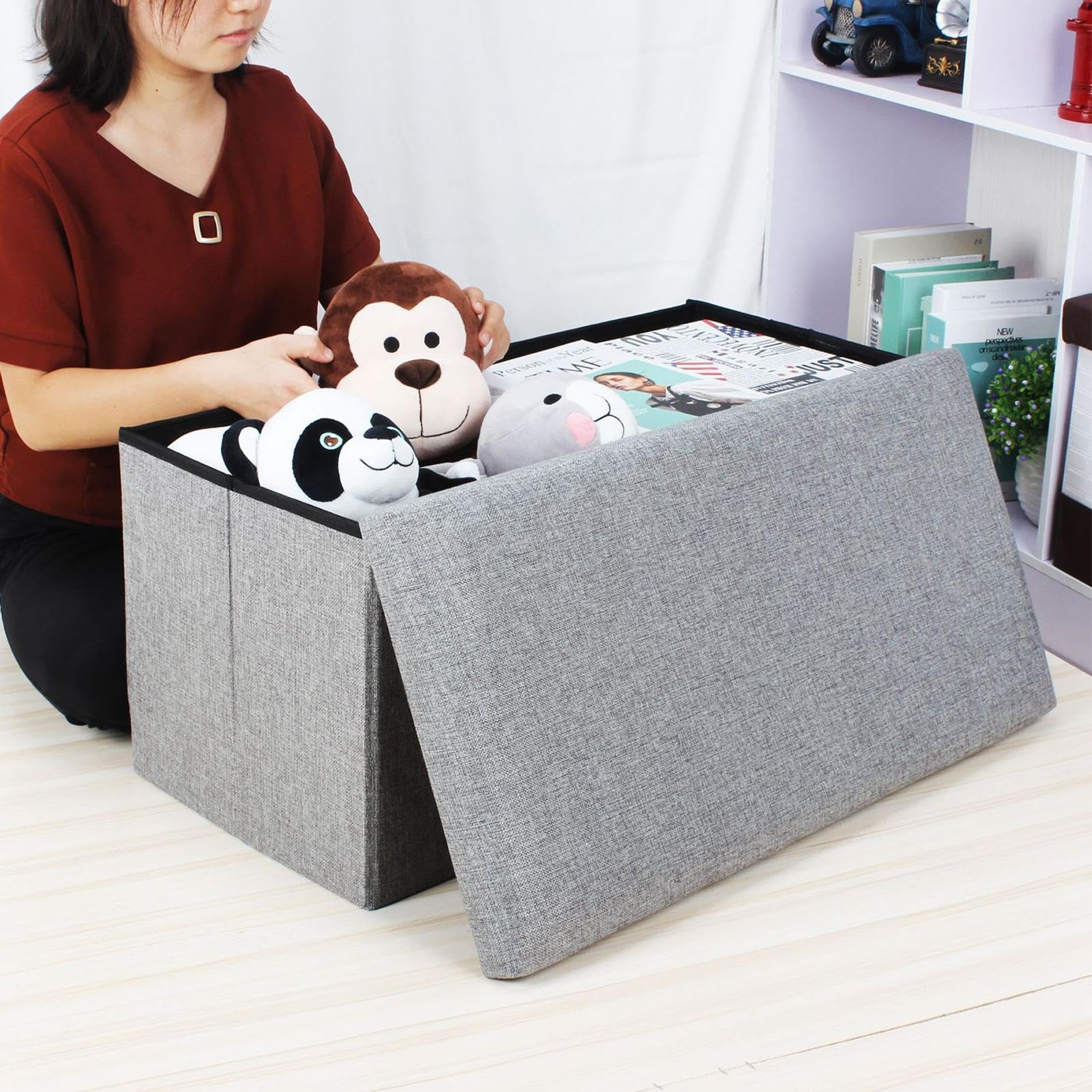 Banco otomano – Caja de almacenamiento de juguetes, taburete reposapiés | Cubo de lino de algodón de gran capacidad, otomana de almacenamiento plegable multifuncional acolchada con tapa para libros,