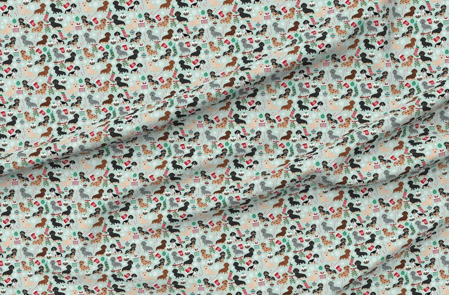 Spoonflower Fabric - Christmas Dachshunds Dogs Xmas Holiday Pet Portrait Printed on Organic Cotton Sateen Fabric by The Yard - Sewing Quilting Apparel Home Decor