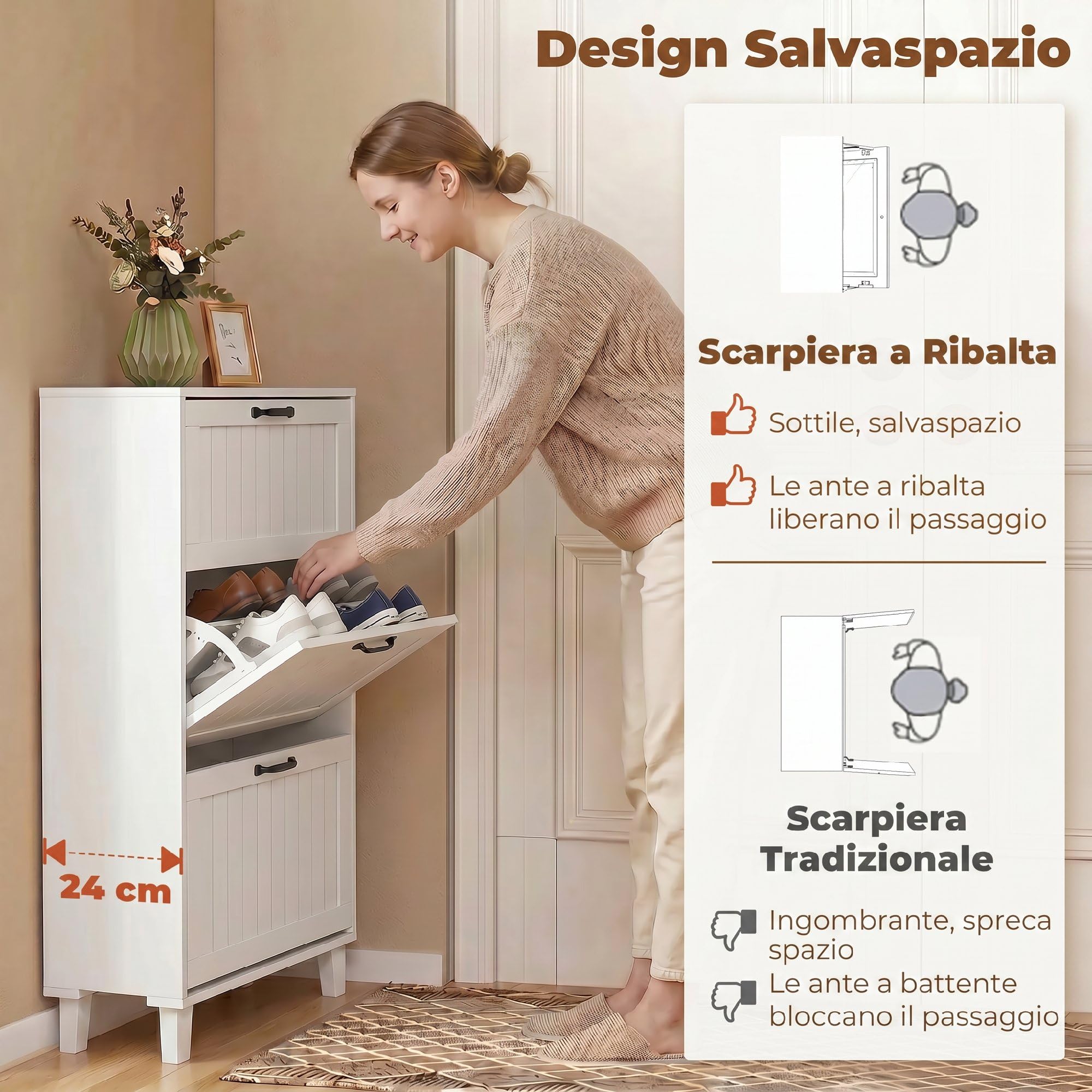 HOMCOM Scarpiera Salvaspazio Slim con 3 Ante a Ribalta 60x24x118cm Bianco | Scarpiera Ingresso, Ripiani Regolabili, Gambe in Bambù, Maniglia, Porta Scarpe per 15-18 Paia, per Ingresso Corridoio