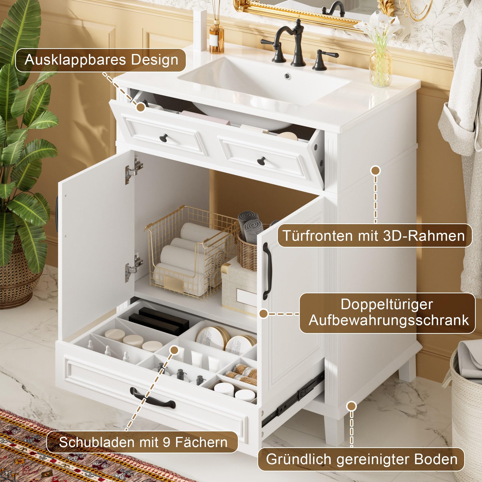 Freistehender Waschtisch, komplett lackiert, integriertes Keramikwaschbecken, 9 Ablagefächer, Doppeltürschrank mit Soft-Close-Scharnieren, Weiß 77 x 46 x 86 cm