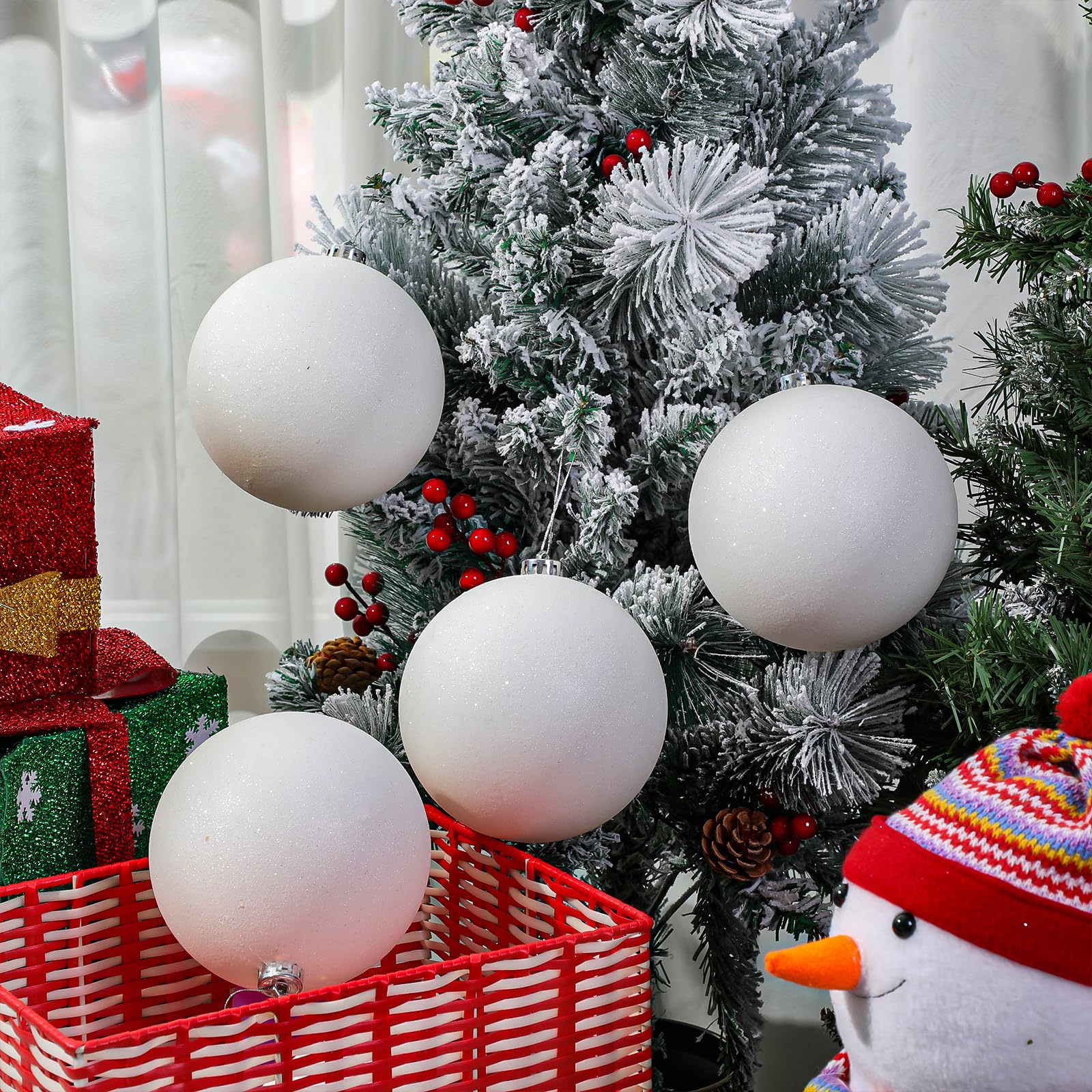 Lot de 4 mini boules de Noël à paillettes en plastique à suspendre pour sapin de Noël, décoration d'hiver, fête, mariage (15,2 cm)