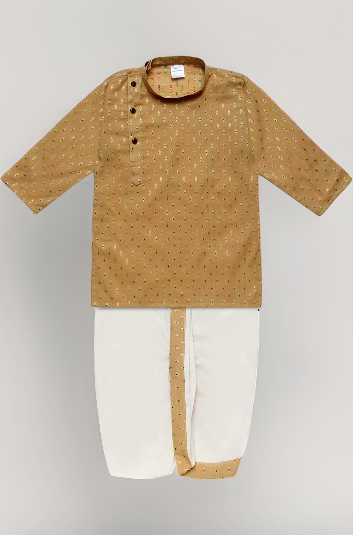 superminis Boy's Cotton Kurta with Dhoti - Golden Thread Work, Solid Round Collar, Full Sleeves, Side Button Kurta Set for Ethnic Wear