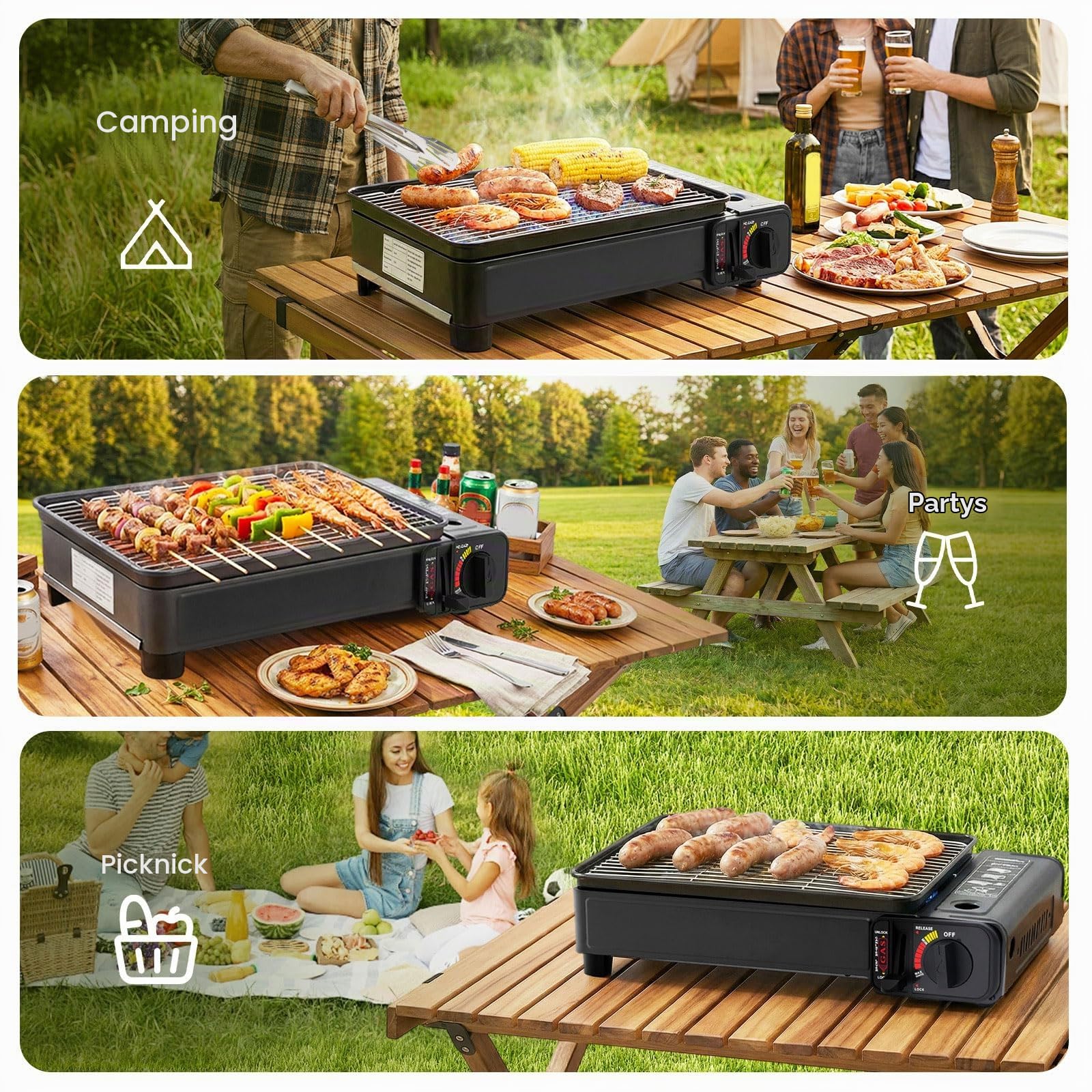 Camping Gasgrill & Gaskocher Outdoor, 2200W Tischgrill Gas Campinggrill Überspannungsschutz mit Fettbehälter, Koffer & 2 Grillnetz, Klein Tischgasgrill Tragbarer für Camping, Terrasse
