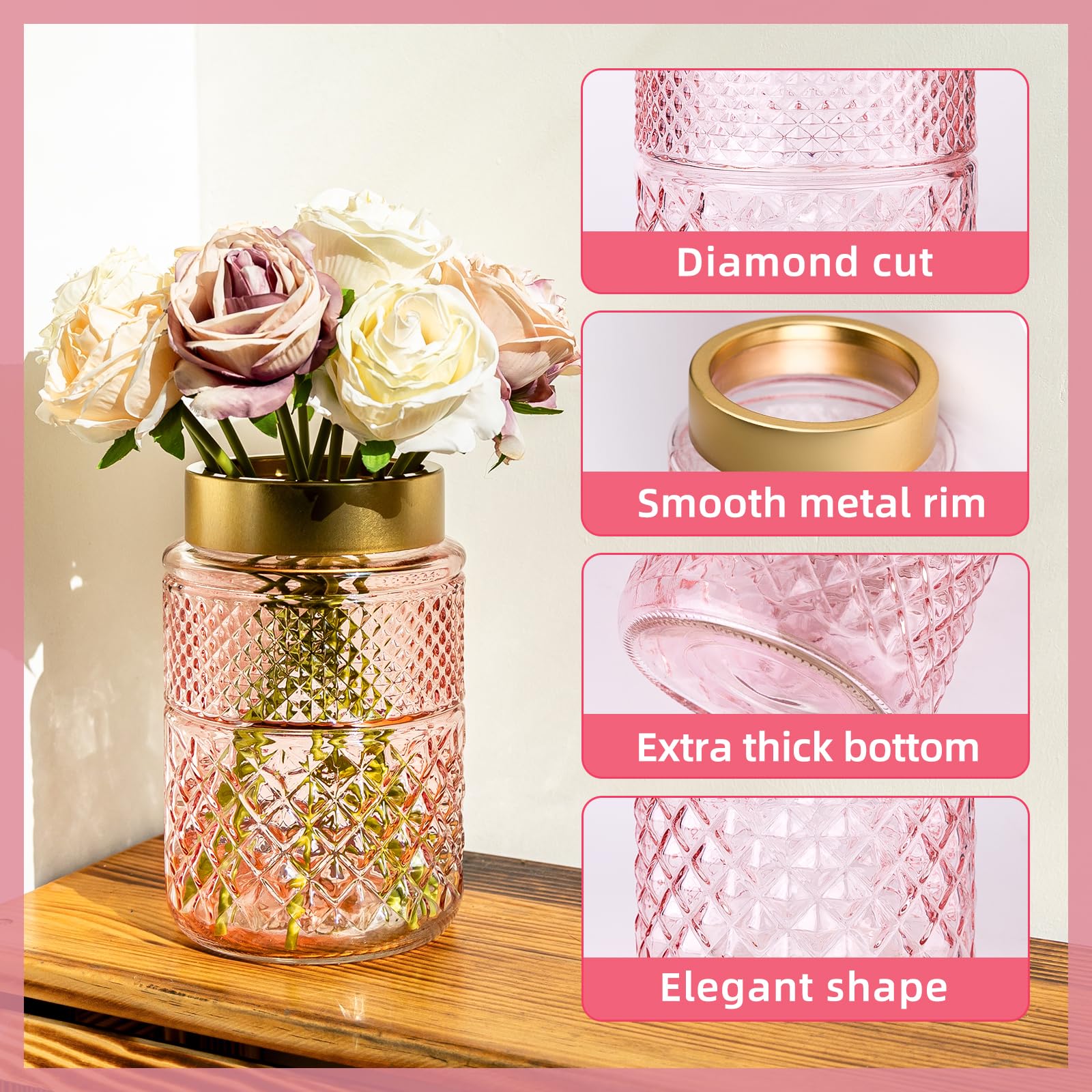 2-Pack Flower Vase Glass, Pink Fluted Vase with Golden Metal Top, Stylish Decorative for Tabletop Centerpiece, Kitchen, Living Room, Bedroom, Bathroom, Office