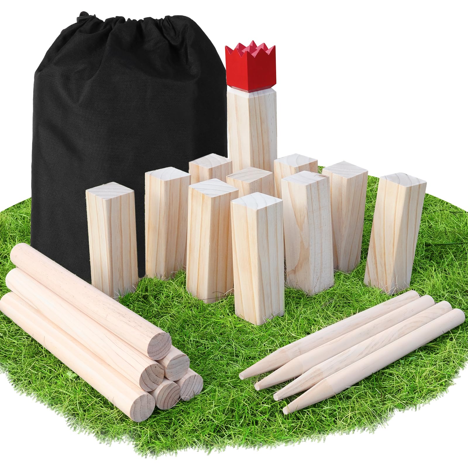 Kubb Wikinger Wurfspiel Groß - Original 5 Kubb Outdoor Spiele - Schwedenschach aus massiv Holz - mit Tasche & Spielanleitung - Holzspiel für Wiesen, Strände und Gärten