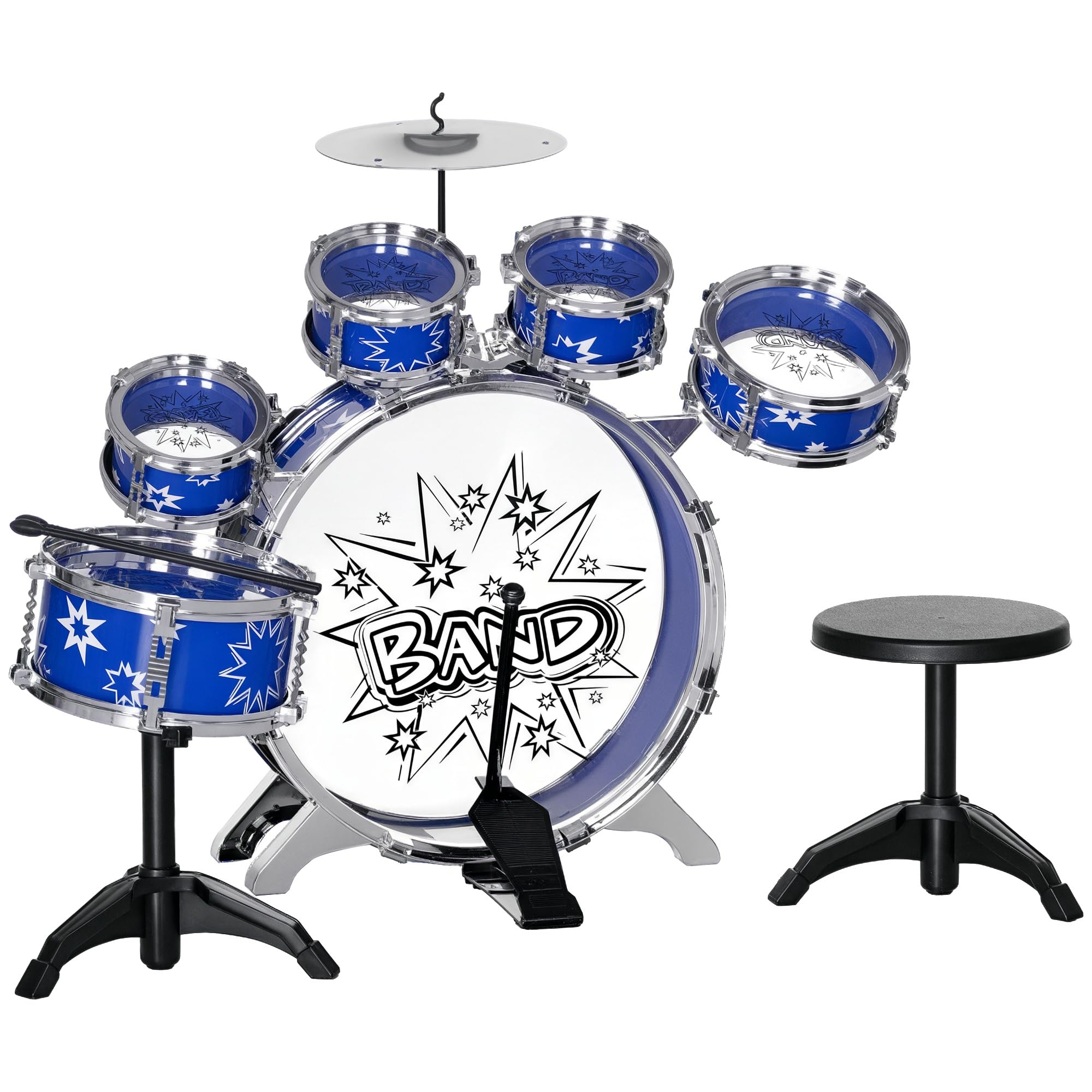 AIYAPLAY Set Batteria per Bambini con Grancassa con Pedale 3-6 Anni Blu | Gioco Musicale per Bambini, Tamburi Medi e Piccoli, Piatto, Sgabello