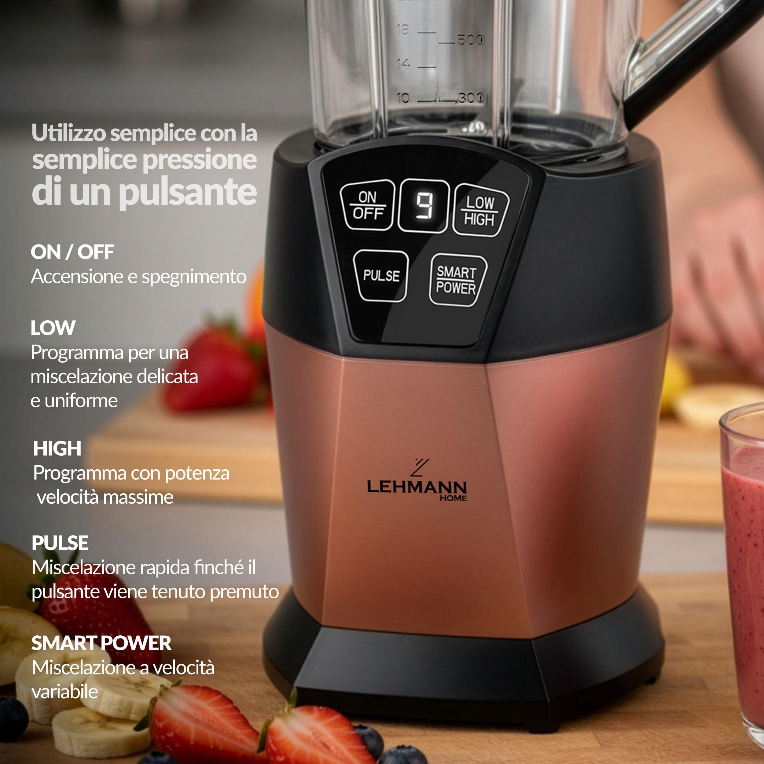 LEHMANN Frullatore Elettrico & Smoothie Maker 2-in-1, Caraffa 1500 ml e Bicchiere Portatile 800 ml, 4 Programmi, 6 Lame in Acciaio Inox, Parti Lavabili in Lavastoviglie, Potenza 1000 W, Oro Rosa
