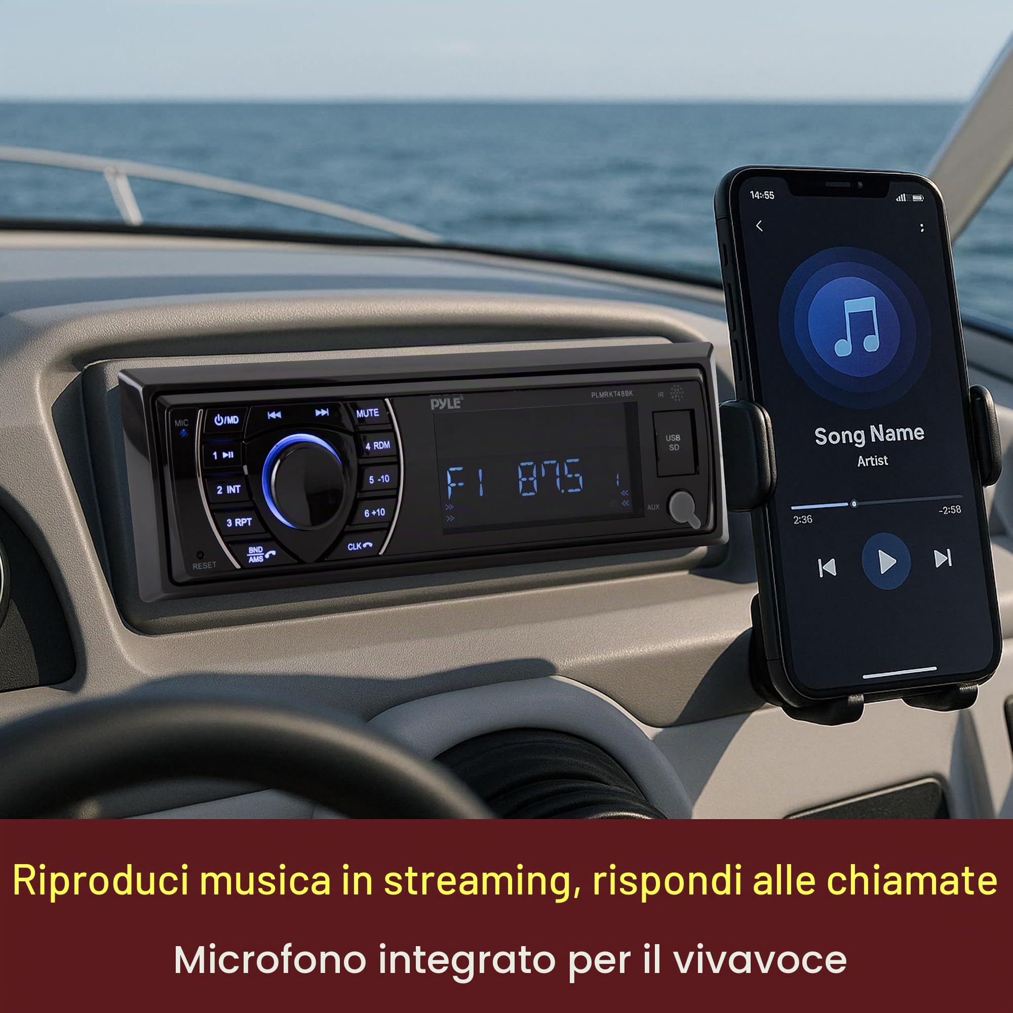 Pyle Autoradio Bluetooth, Stereo Nautico per Yacht e Accessori Barca con Radio AM/FM, Lettore MP3/SD, Display LCD e Microfono, Kit con 4 Altoparlanti Impermeabili 16,5 Cm, Casse Audio Speaker