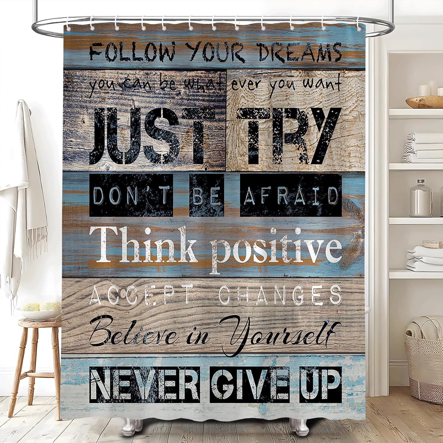 Inspirational Quote Shower Curtain Motivational Word Proverb Rustic Wooden Plank Blue Brown Vintage Barn Door Country Farmhouse Bathroom Decor Set Fabric with Hooks 70W x 90H inch