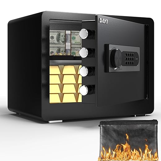 DAYI Safe Box with Fireproof Waterproof Bag, 1.4 Cubic Feet Home Security Safe for Money Cash Valuables, Digital Electronic Keypad, Dual Alarm System, Removable Shelf - D-35