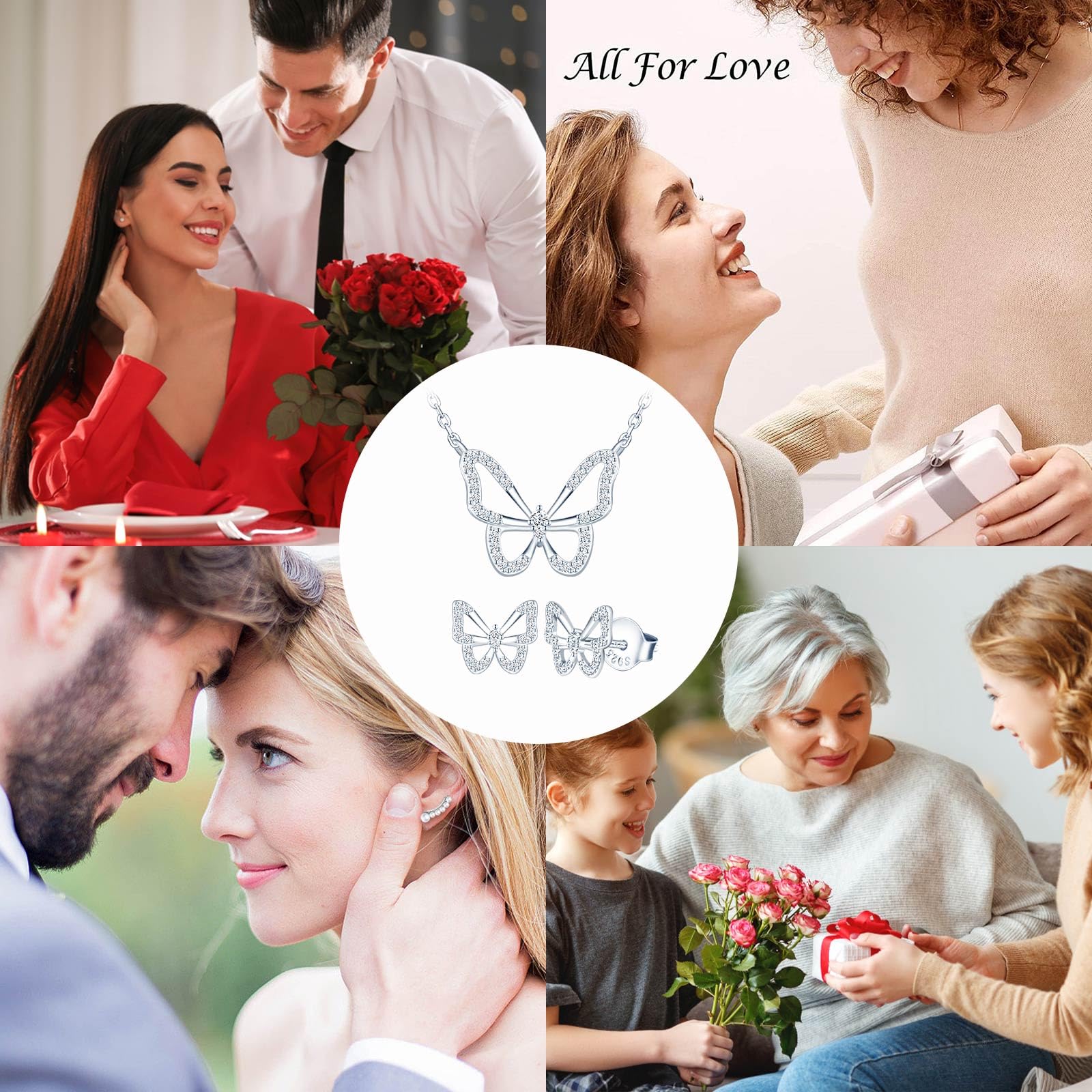 Mariposa Juego de Joyas de Plata Conjunto Collar y Pendientes Mariposa con Circonita - Forma de Mariposa Aretes & Collar con Colgante Regalos para Mujer Niña Esposa Amante Novia Madre