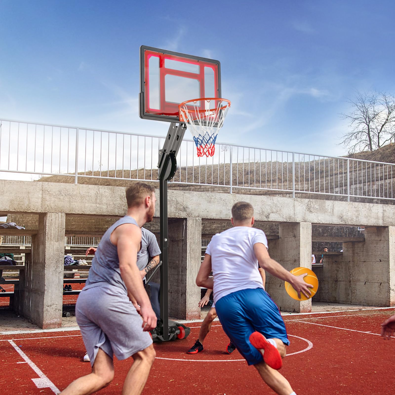 COSTWAY Panier de Basketball sur Pieds Hauteur Réglable de 1,55 à 3,1 m, Support de Basketball Portable avec Panneau Arrière en Pet Basket-Ball et Pompe, Intérieure Extérieure pour Enfants/Jaunes