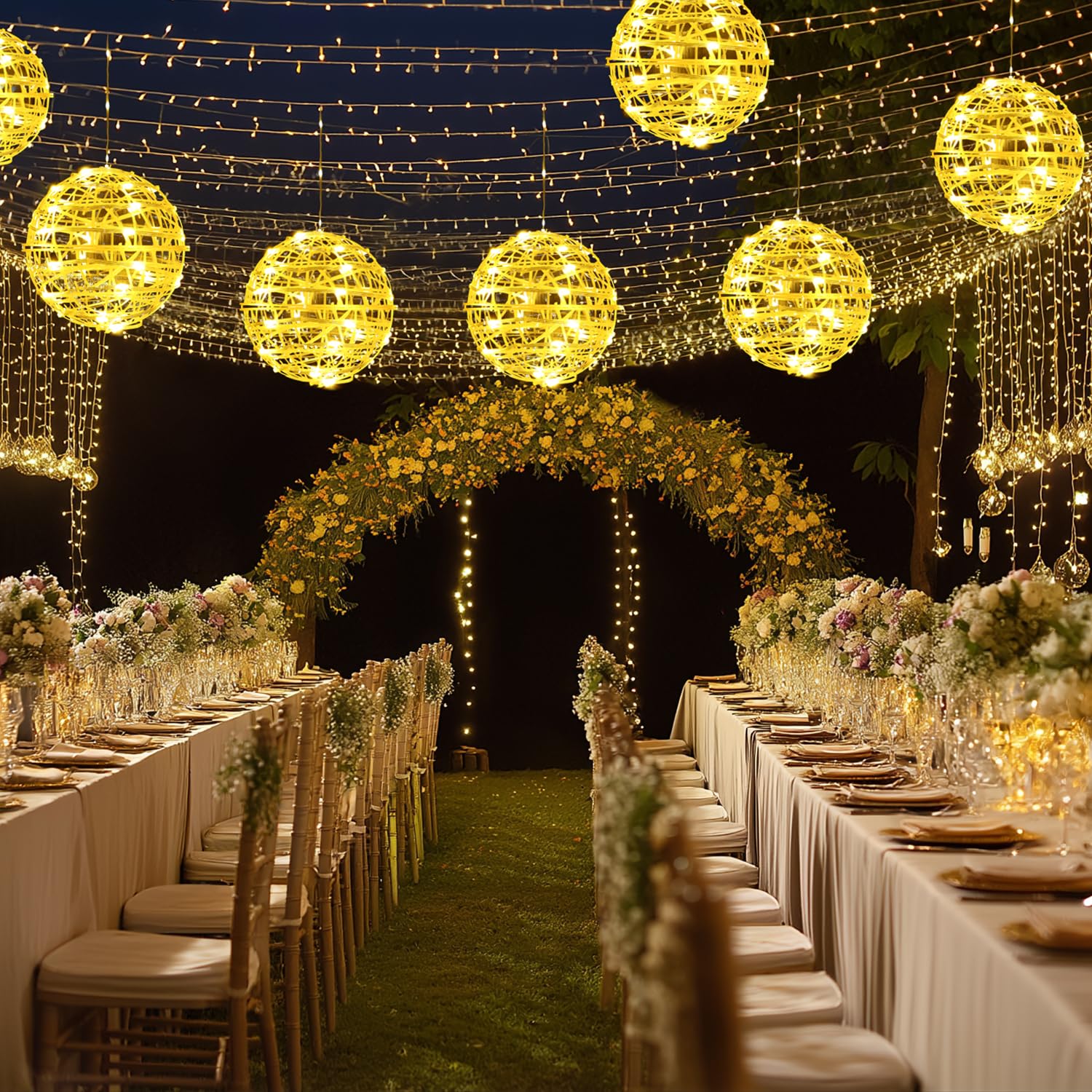 da LIGHT - Set di 4 ghirlande di luci a LED per esterni con sfere Ø20 cm, 184 LED, 8 modalità con timer, bianco caldo 2500 K, IP44 impermeabile, illuminazione natalizia a sospensione per giardino e