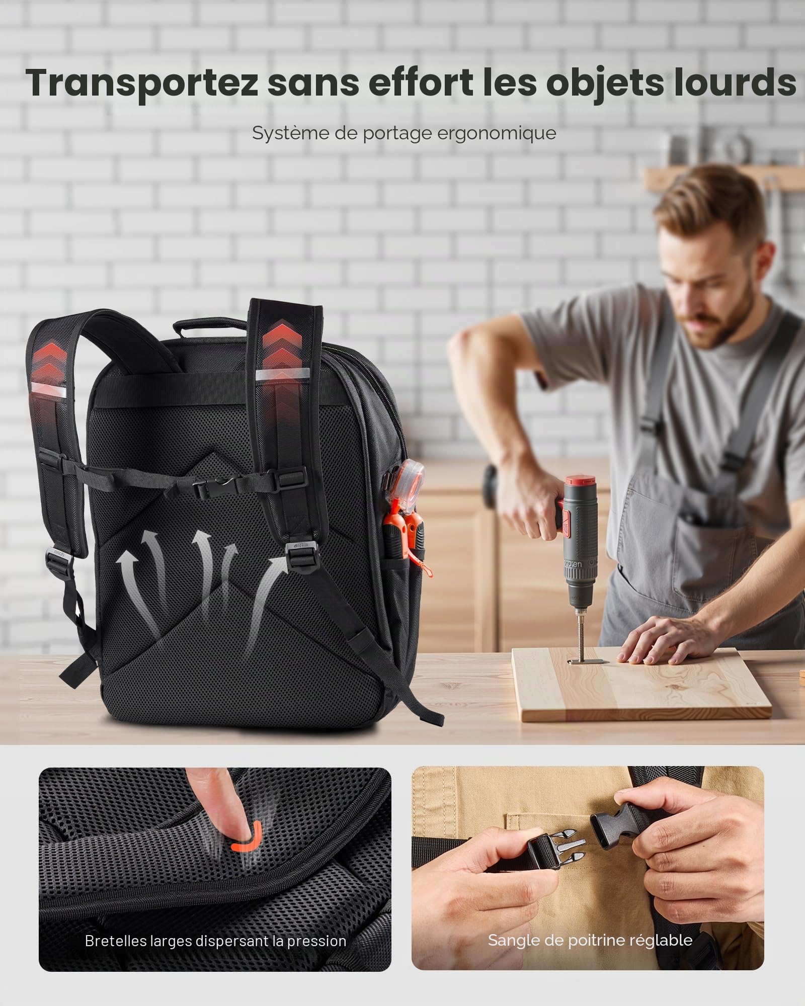 VEVOR Sac à Dos à Outils, Charge 22,7 kg, Sac à Outils, 33x22x44 cm, avec 45 Poches, Compartiment Ordinateur Portable, Base Stable, Organisateur à Outil Robuste pour Chantier, Électricien, Réparateur
