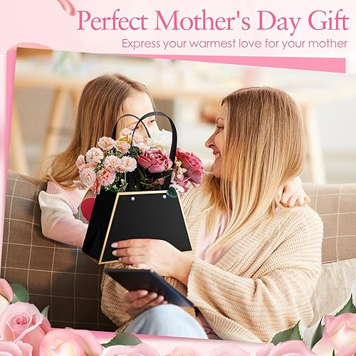 Miniatura 4 de Noveread 24 bolsas de regalo florales para el día de la madre, bolsa de papel portátil para ramo de envolver con asa, cajas de flores impermeables