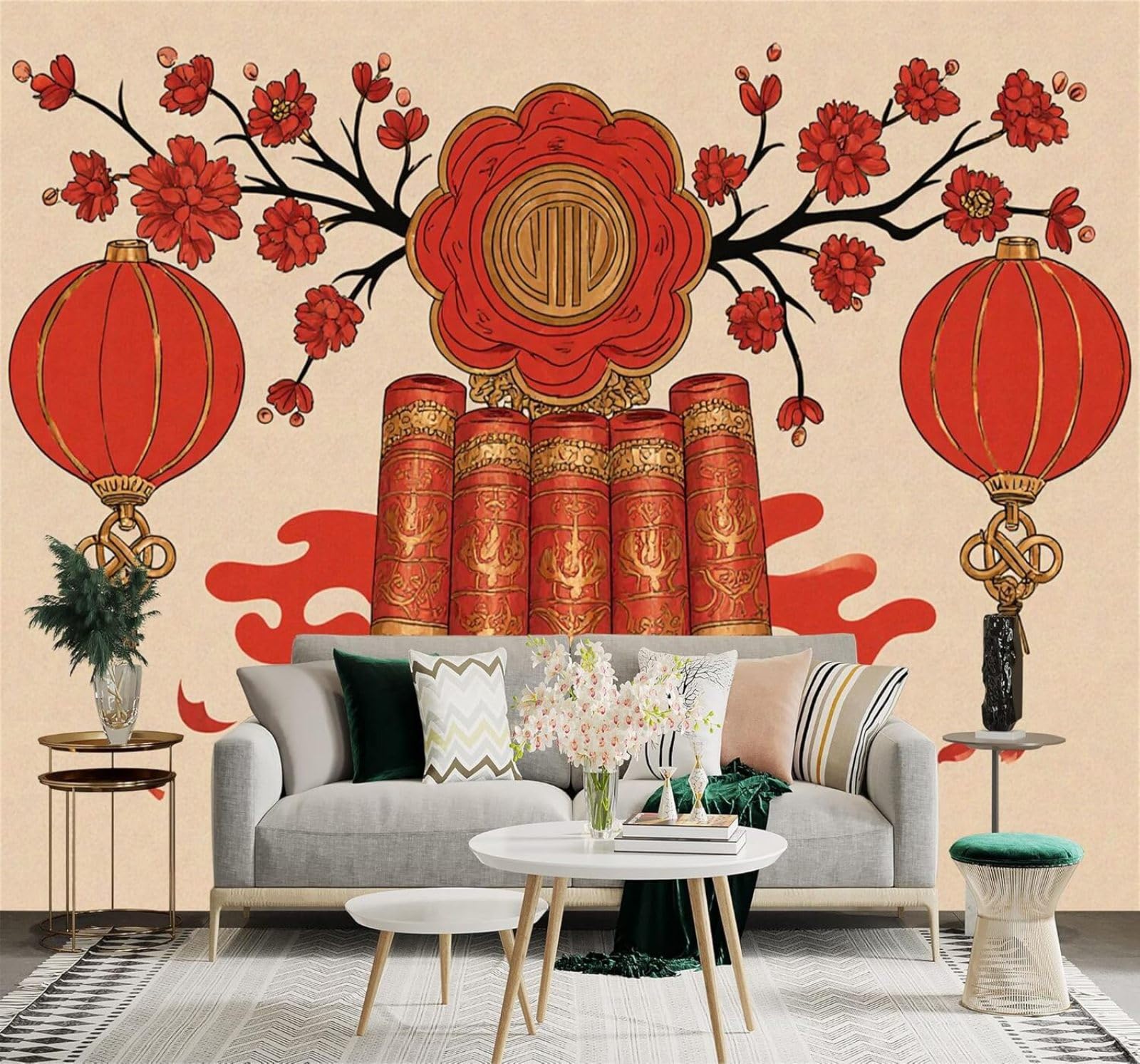 XLMING Simple Beautiful Red Plum Blossoms Red Lanterns 3D Wallpaper Silky Texture Home Study Office Grey Dining Room Sofa Bedroom Living Room TV Backdrop-200cm×140cm