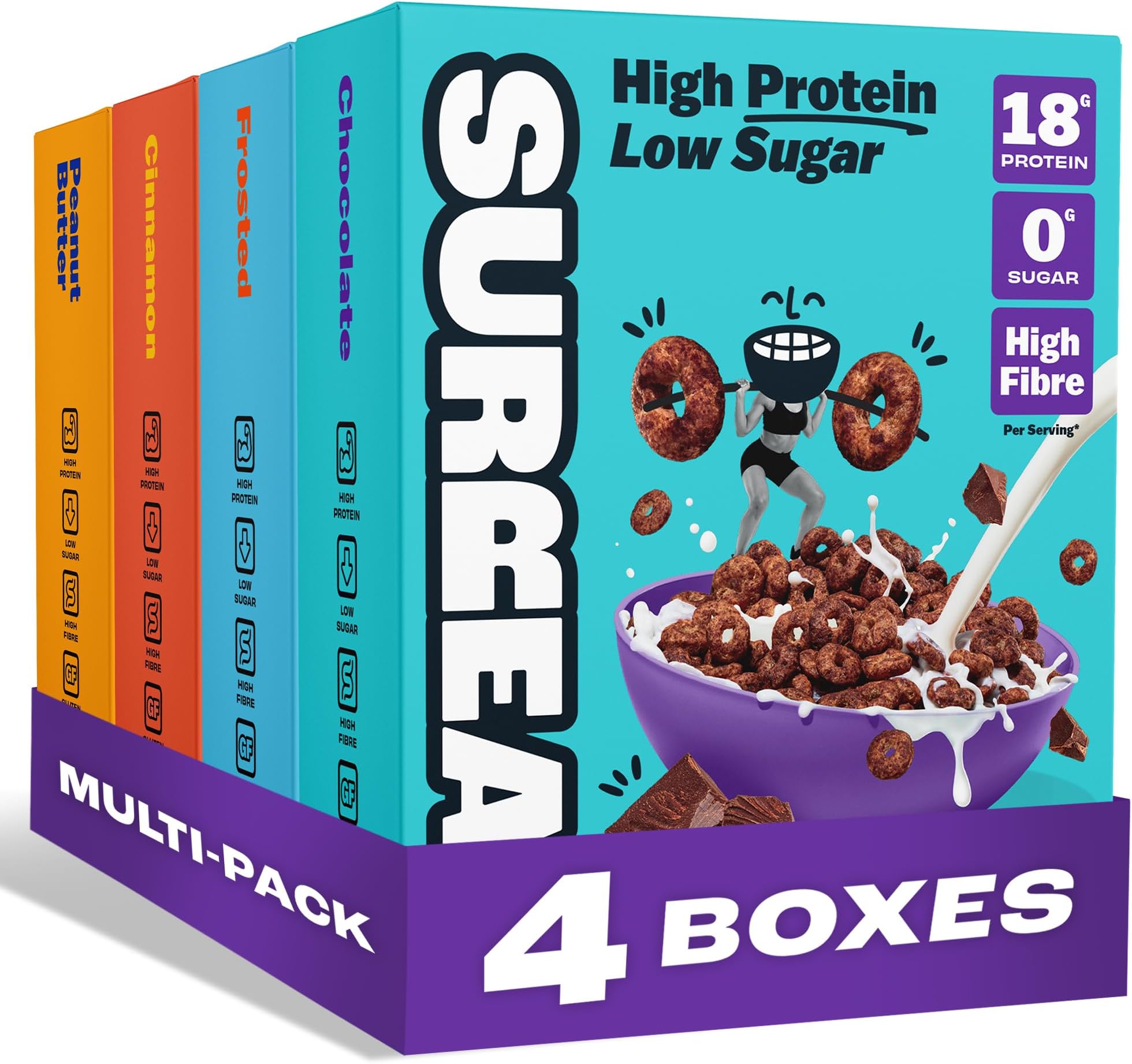 Surreal Variety Pack - High Protein Cereal – Zero Sugar- Healthy Plant Based Cereal - High in Fibre - Low Carb – Gluten Free - Vegan - 17-18g of Protein, 0g of Sugar - 240g per Box - 4 Pack (1 x each)