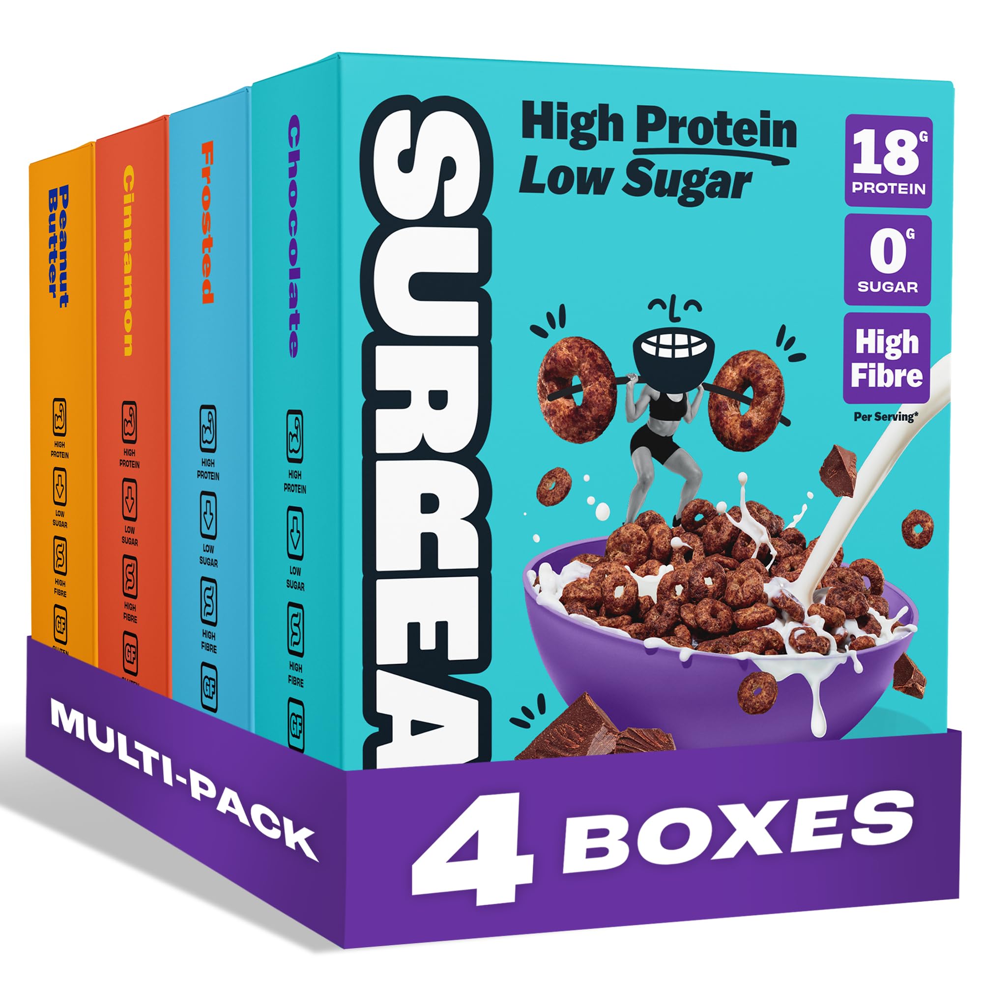 Surreal Variety Pack - High Protein Cereal – Zero Sugar- Healthy Plant Based Cereal - High in Fibre - Low Carb – Gluten Free - Vegan - 17-18g of Protein 0g of Sugar - 240g per Box - 4 Pack (1 x each)