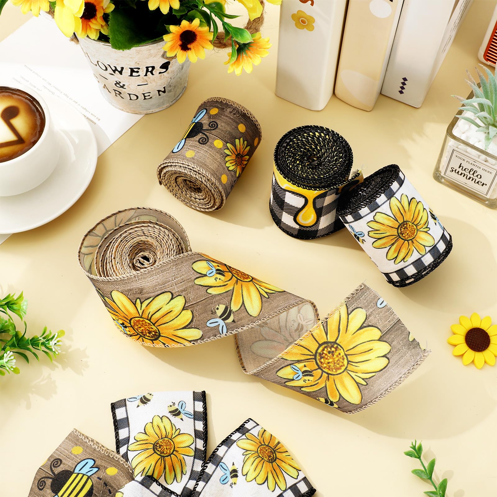 sunflower ribbon品 Amazon.com: JarThenaAMCS Sunflower Bee Wired Edge Ribbon