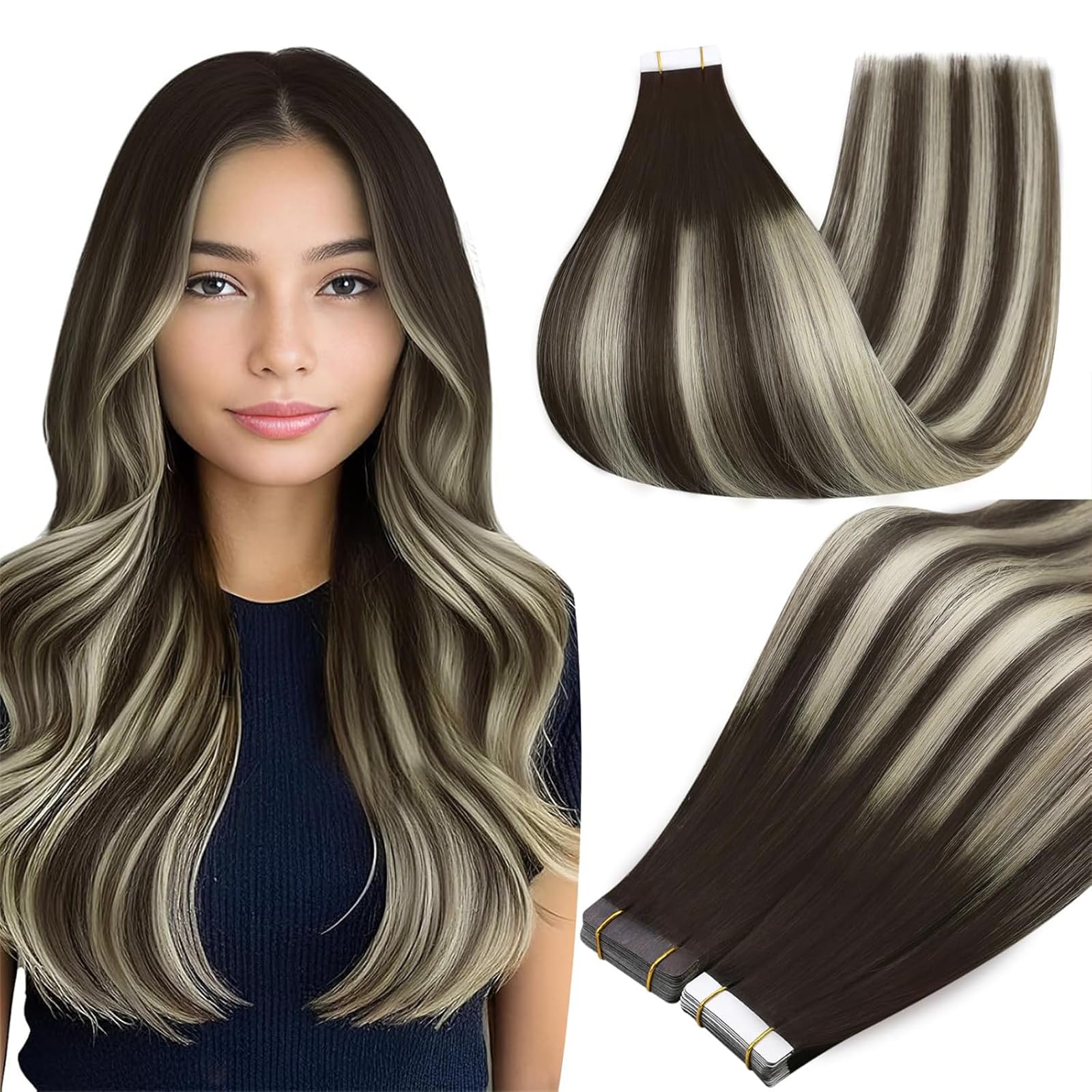 Full Shine Remy Tape in Hair Extensions Real Human Hair Color 2/60/2 Brown Ombre Blonde Highlight Brown Human Hair Extensions Tape in 20Inch Long