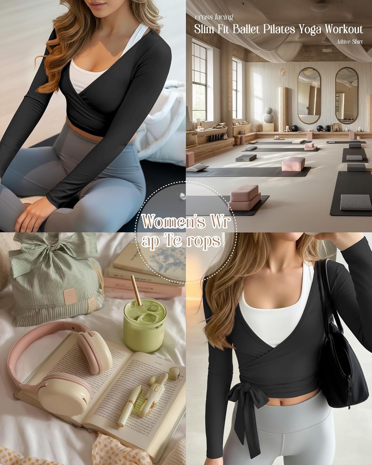 Women Wrap Tie Tops Lightweight Slim Fit Ballet Pilates Yoga Workout Active Shirts Long Sleeve V Neck Casual Tees(Black,X-Large) - Image 2