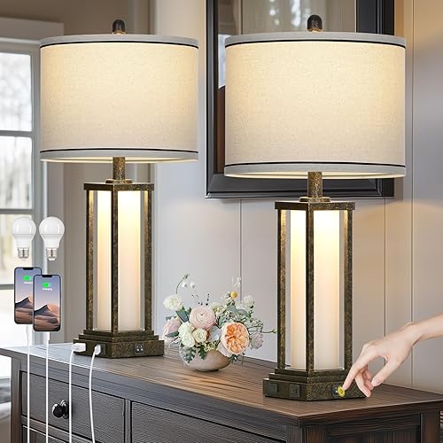 27" Tall Vintage Table Lamp Set of 2 with USB