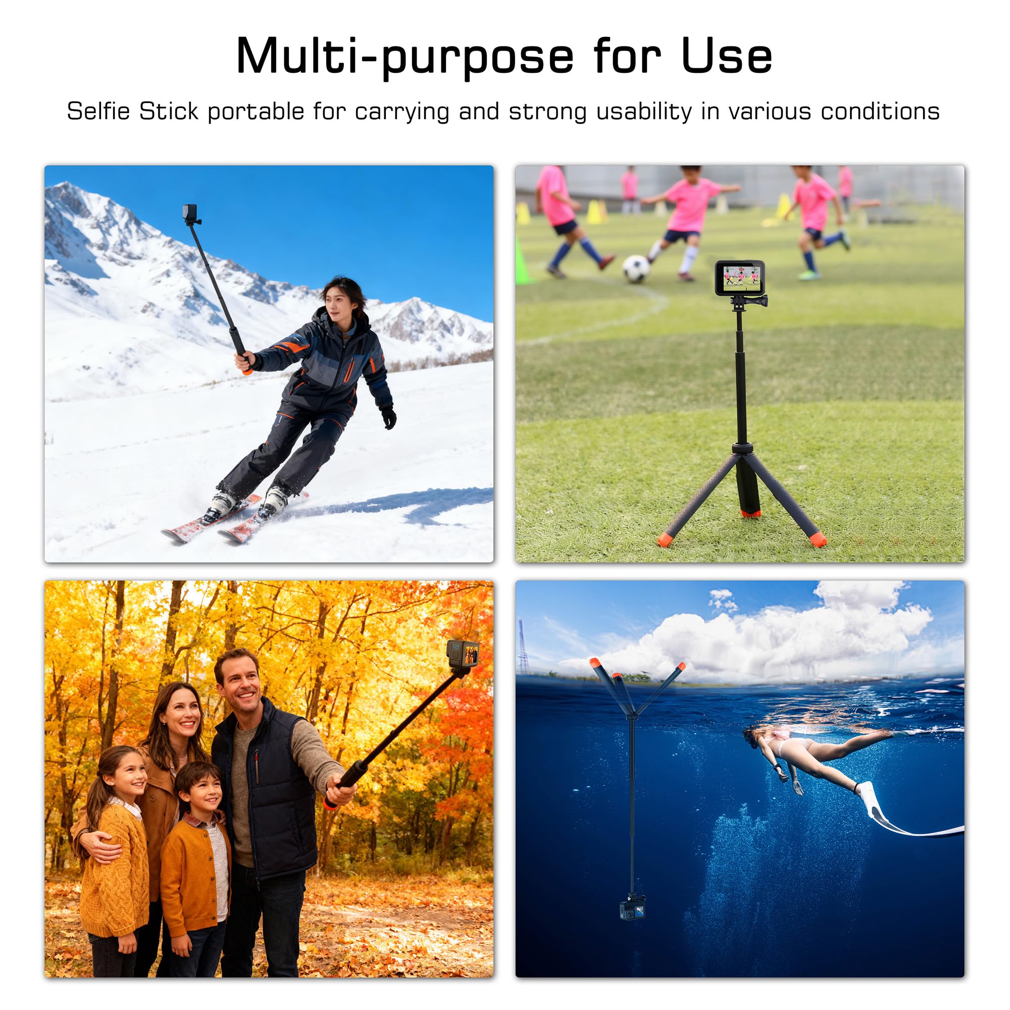 GEPULY Bastone galleggiante per selfie, impugnatura subacquea per GoPro Hero 13 12 11 10 9 8 7 6 5 4 3 Fusion, Max, la maggior parte delle action cam, 4-in-1 impermeabile stick stick pole treppiede