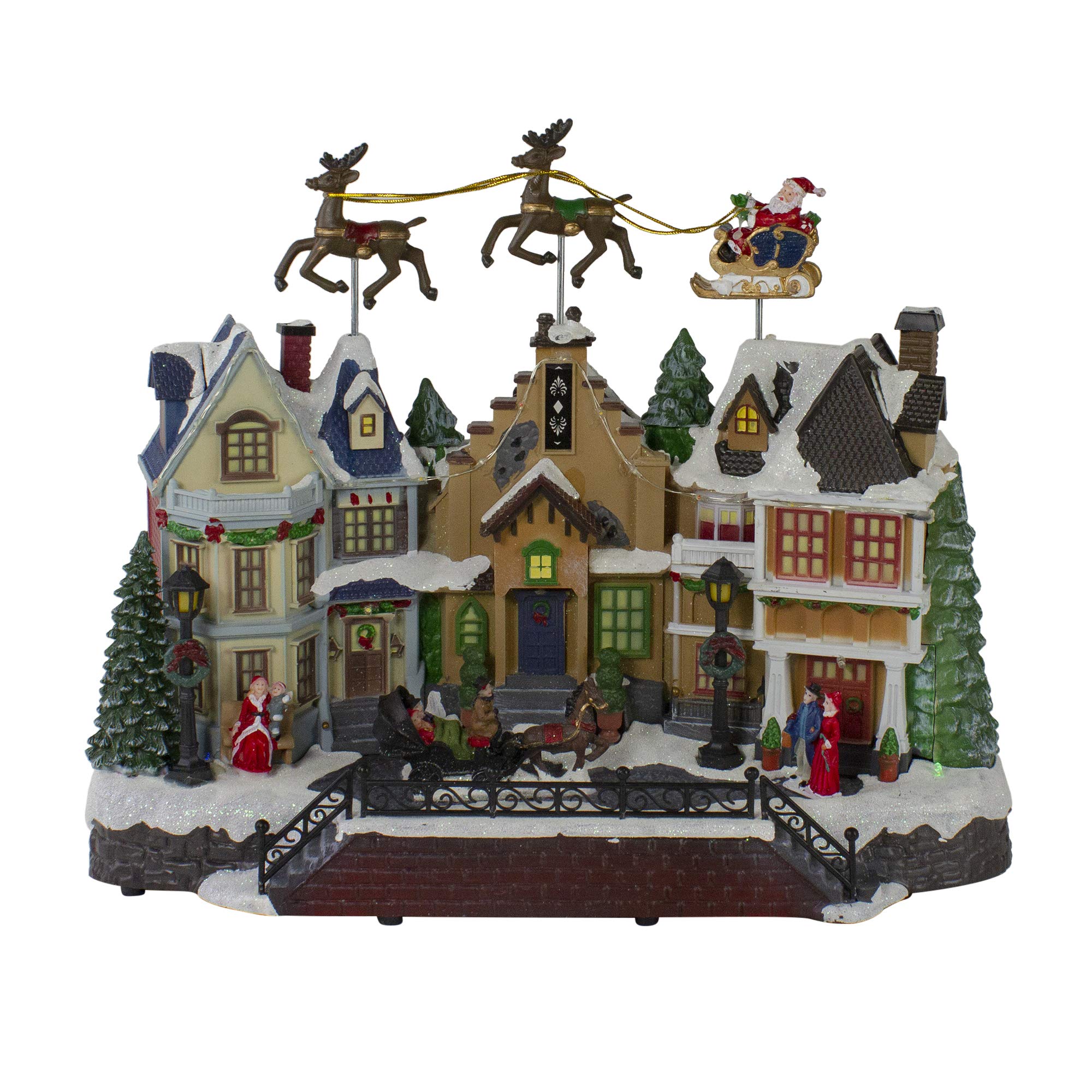 Northlight White And Brown LED Lighted And Animated Christmas Village With Flying Sleigh Decoration - 16