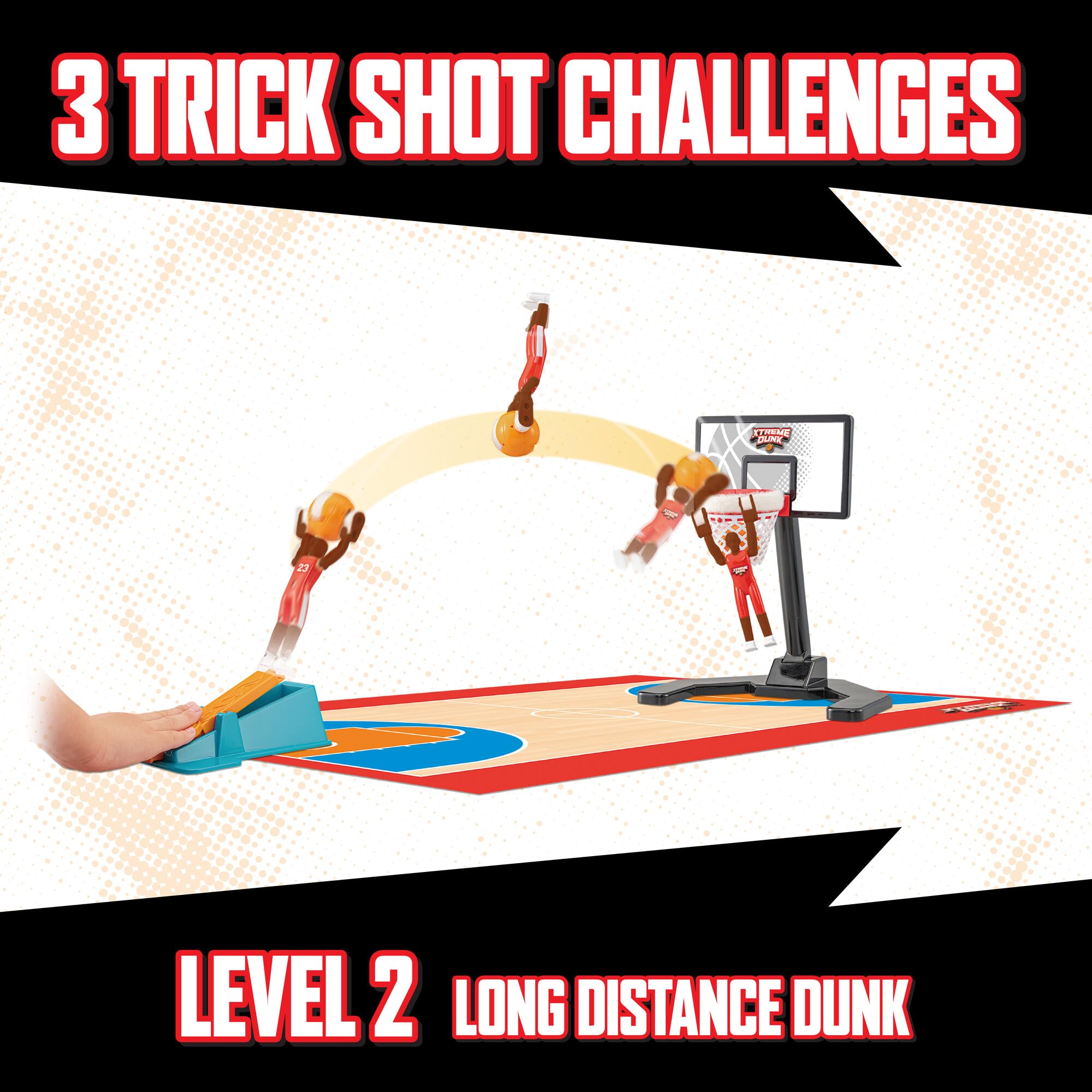 TOMY Xtreme Dunk - Gioco di pallacanestro, giocattolo ricco di azione per bambini, con rampa di lancio e funzione di lancio, Slam Dunks e Alley-Oops, 1-4 giocatori, dai 6 anni in su, senza batterie