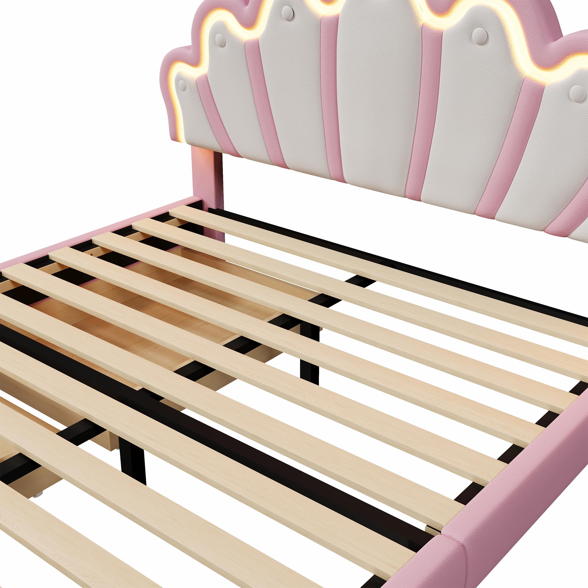 Letto imbottito, luce ambiente telecomandata, letto con 2 cassetti, letto principesse a forma di corona, testiera regolabile, PU (senza materasso) (rosa, 140 x 200 cm)
