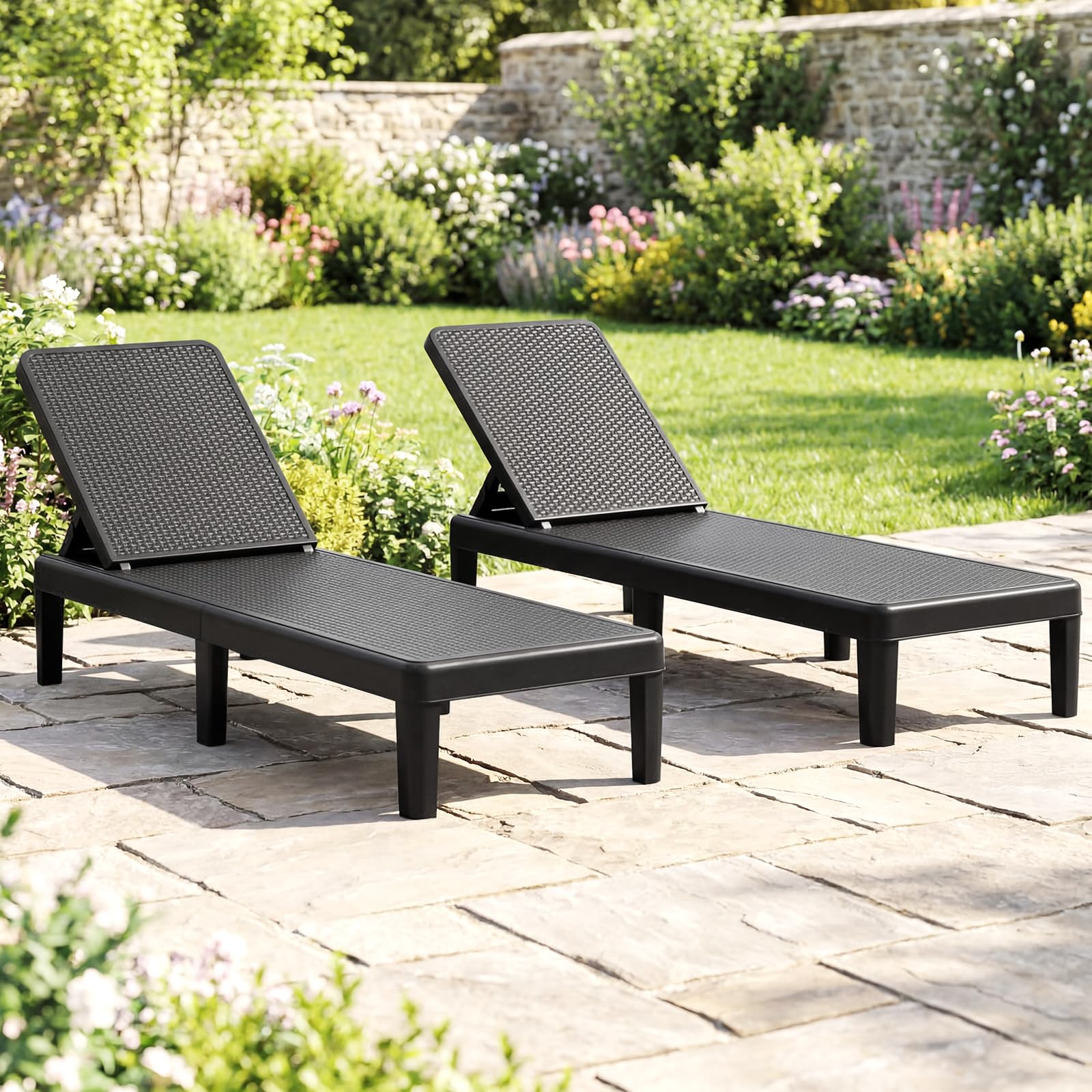 COSTWAY 2er Set Sonnenliege wetterfest, Gartenliege mit Verstellbarer Rückenlehne, Balkonliege aus Kunststoff, Terrassenliege bis 150 kg belastbar, Liegestuhl für Garten, Terrasse, Balkon (Schwarz)
