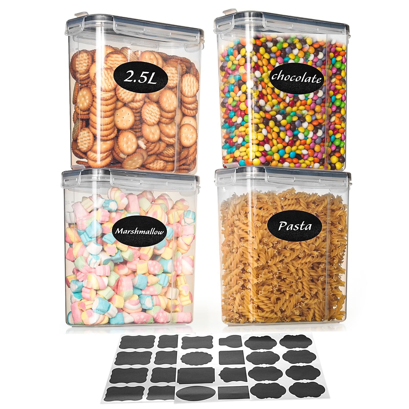 AiQInu 2.5L Kitchen Storage Canisters, 4 Containers for Airtight Food, Used to Store Cereal, Grains, Pasta, Sugar, Flour
