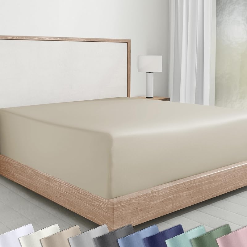 Soft Natural 100% Cotton Sateen Queen Fitted Sheets, Beige | Backed by Good Housekeeping Seal, 14" Deep Pocket, All-Around Elastic, No-Pop Fit, Durable, Easy Care, OEKO-TEX Certified