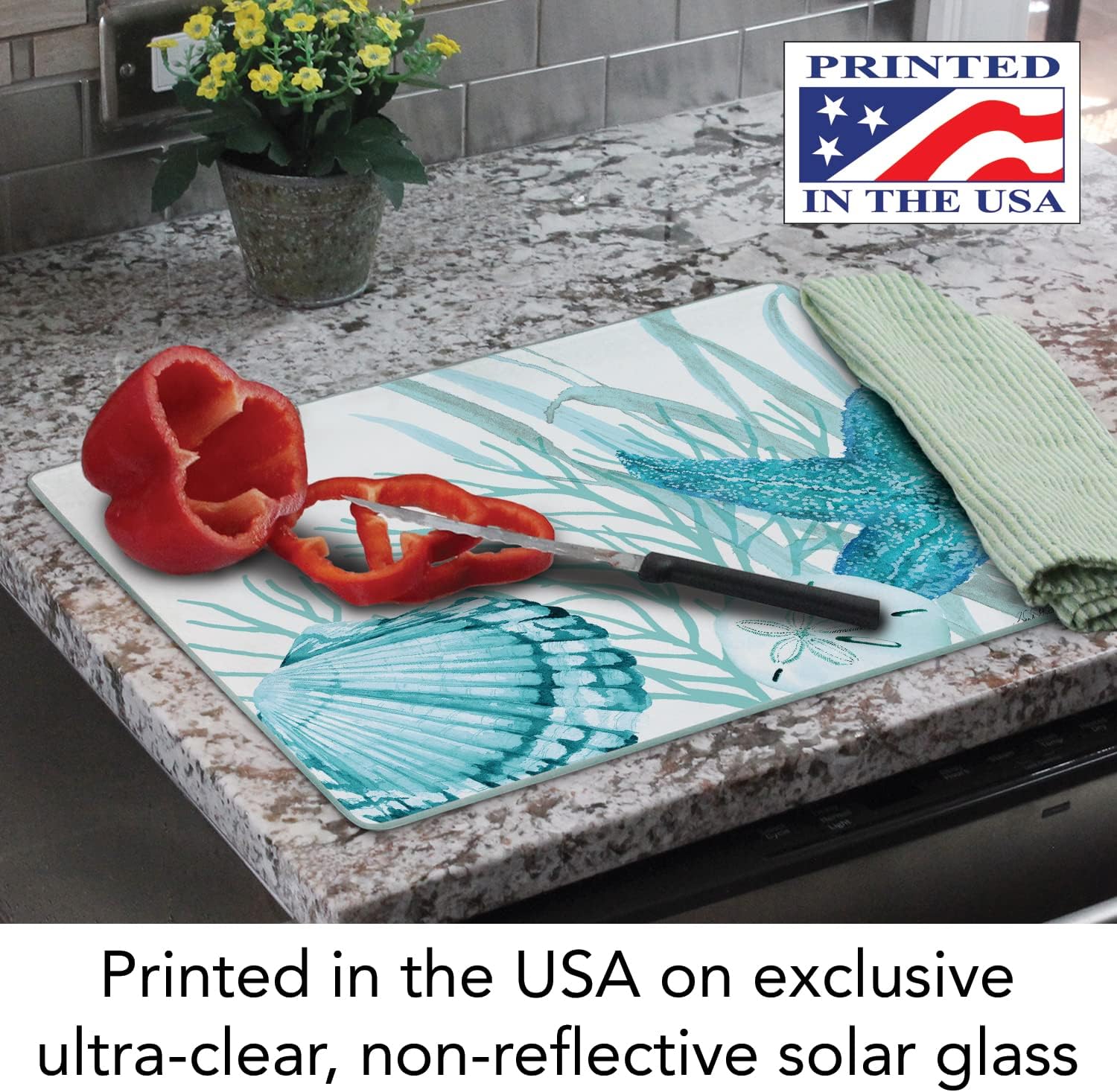 Coastal Coral Life Tempered Glass Cutting Board with Non-Slip Feet