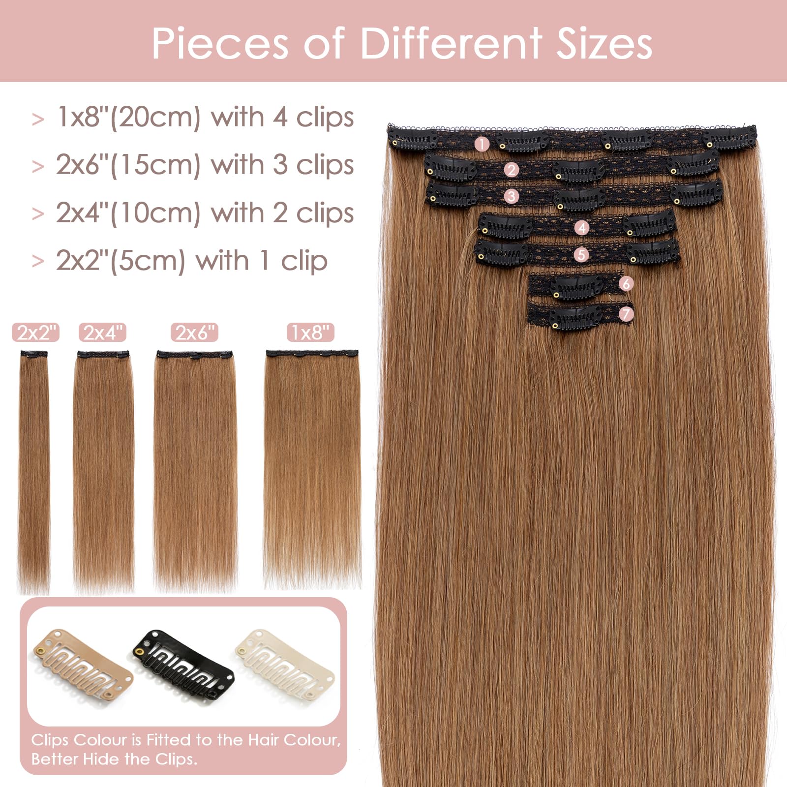 Silk-co Clip in Hair Extensions Real Human Hair Remy Double Weft With Lace Coverd Clip in Silky Straight Natural Thick Hair Seamless 7pcs 16Clips 85g Extension for Women 10Inch #06 Light Brown - Image 3