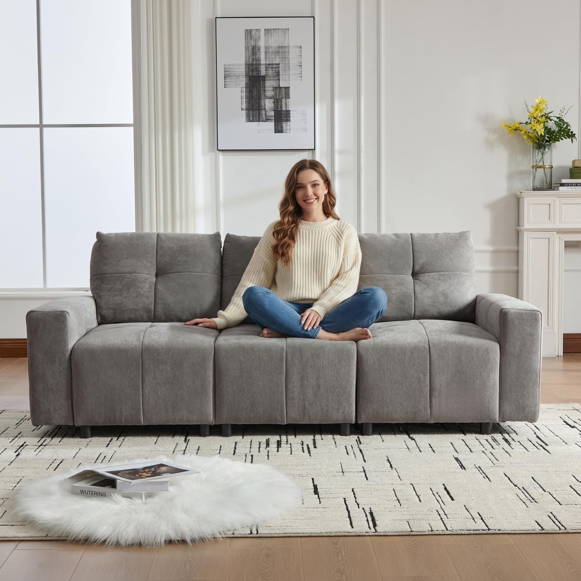 Merax 3-Sitzer Schlafsofa mit Verstellbarer Sitztiefe, multifunktionales Sofa mit Liegefläche & Gästebett, Chenille-Stoff, robuster Massivholzrahmen, gerades Kompaktdesign, Grau