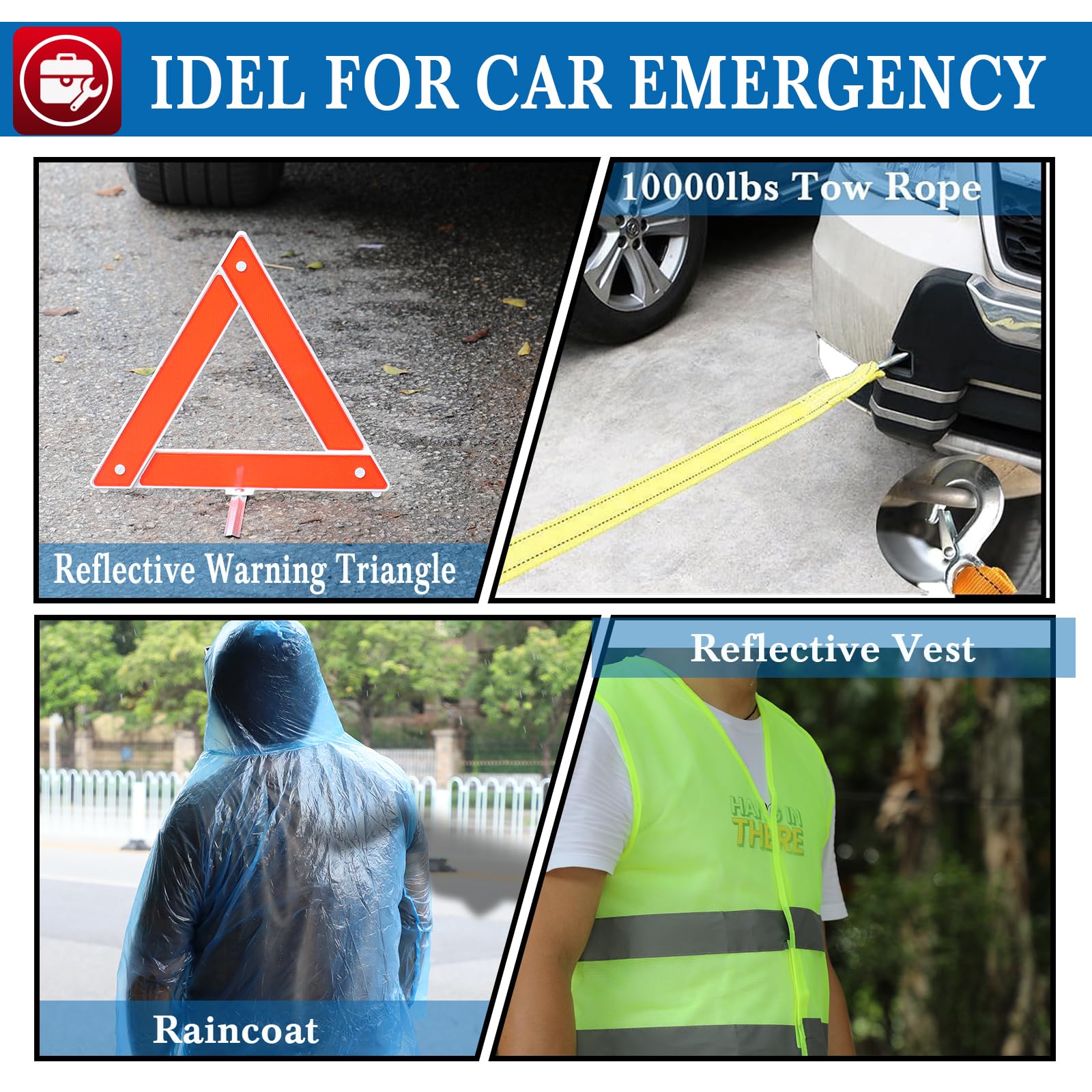 Car Emergency Kit, Roadside Assistance Emergency Car Kit Jumper Cables, Road Trip Essentials, Auto Vehicle Car Safety Kit with Digital Air Compressor Tire Inflator, Reflective Warning Triangle